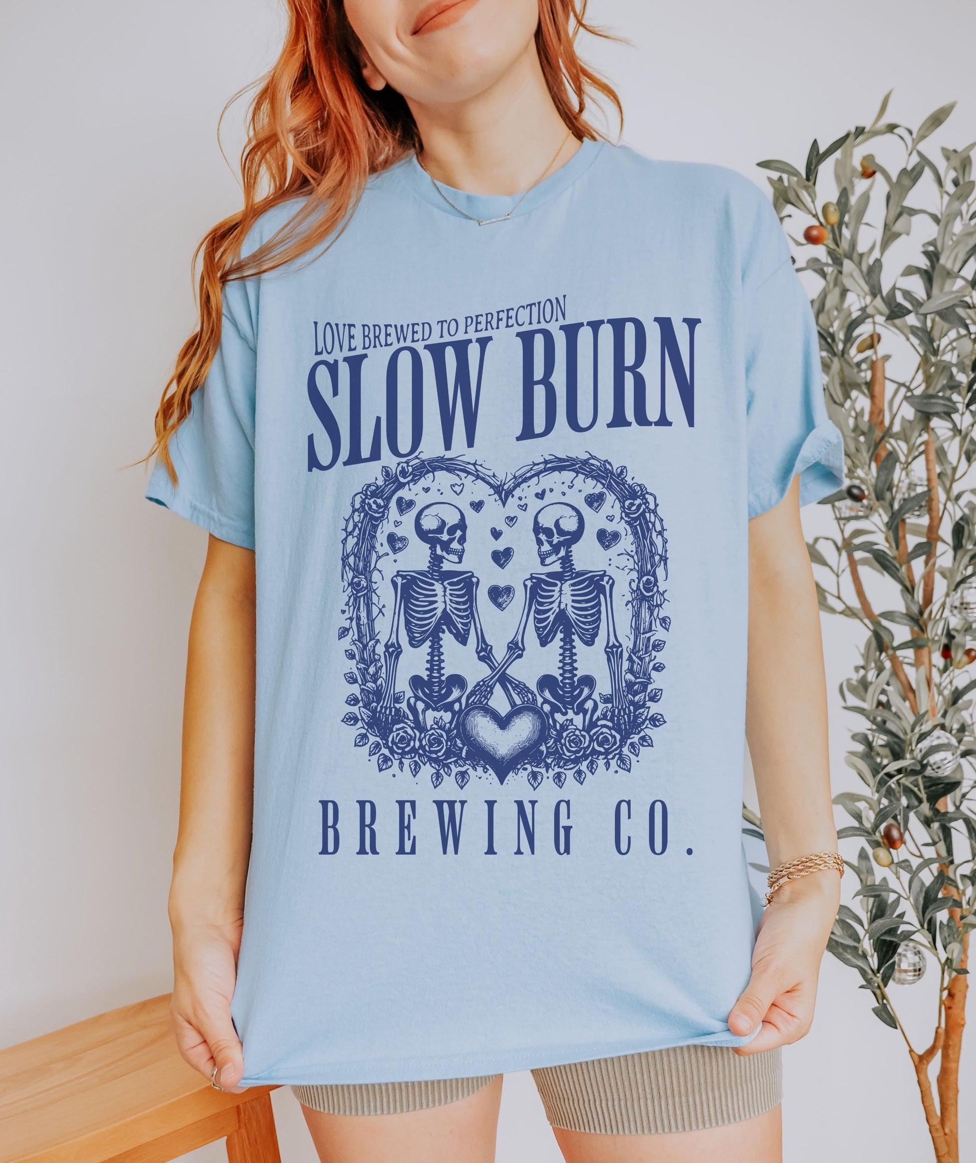 Slow Burn Brewing Co Skeleton Tee, Book Tropes Shirt Booktok Merch, Booktrovert Smut Shirt Romantasy Reader Enemies To Lovers Romance Shirt