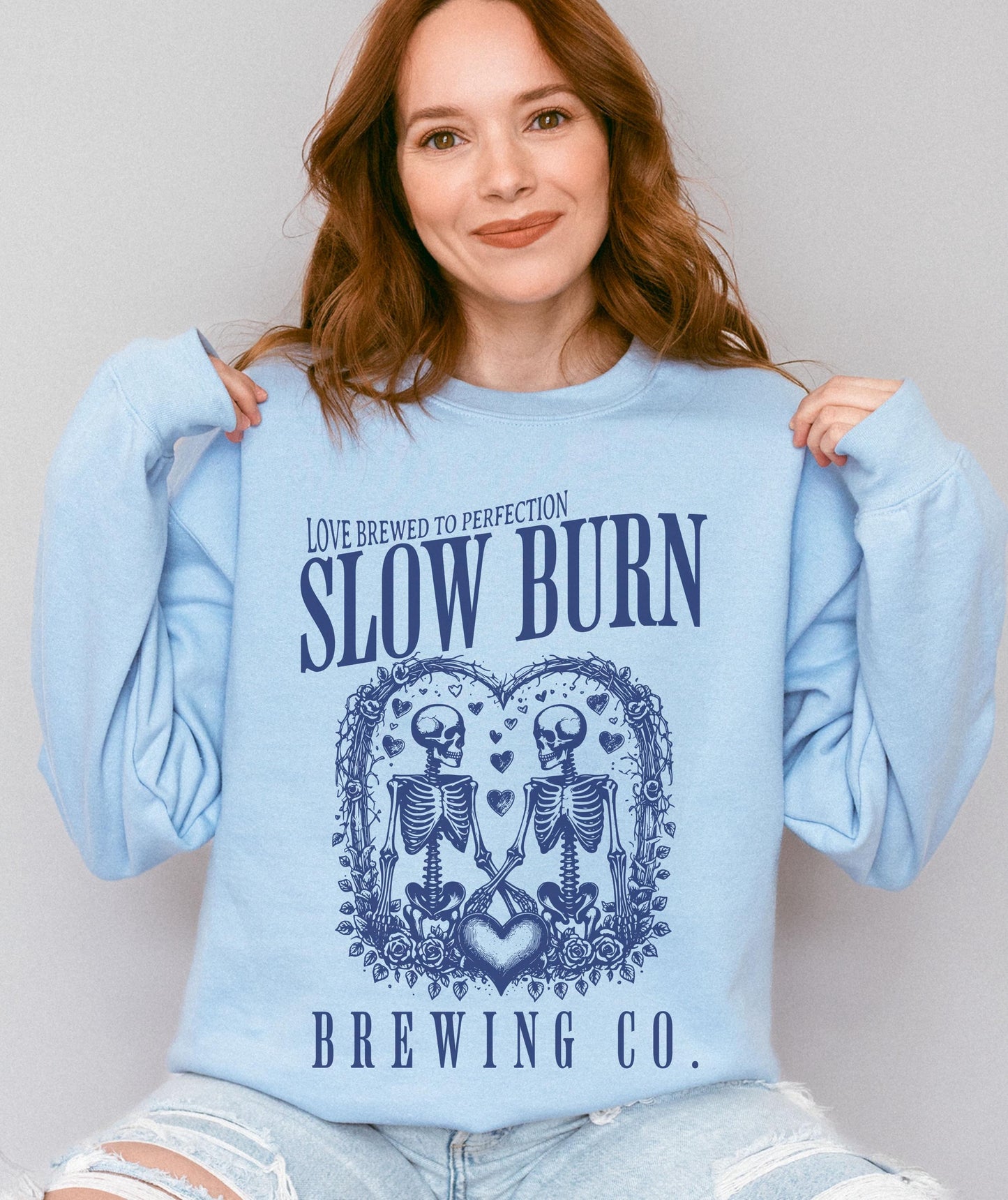 Slow Burn Brewing Co Skeleton Sweatshirt, Book Tropes Shirt Booktrovert Smut Shirt Romantasy Reader Enemies To Lovers Romance Sweatshirt