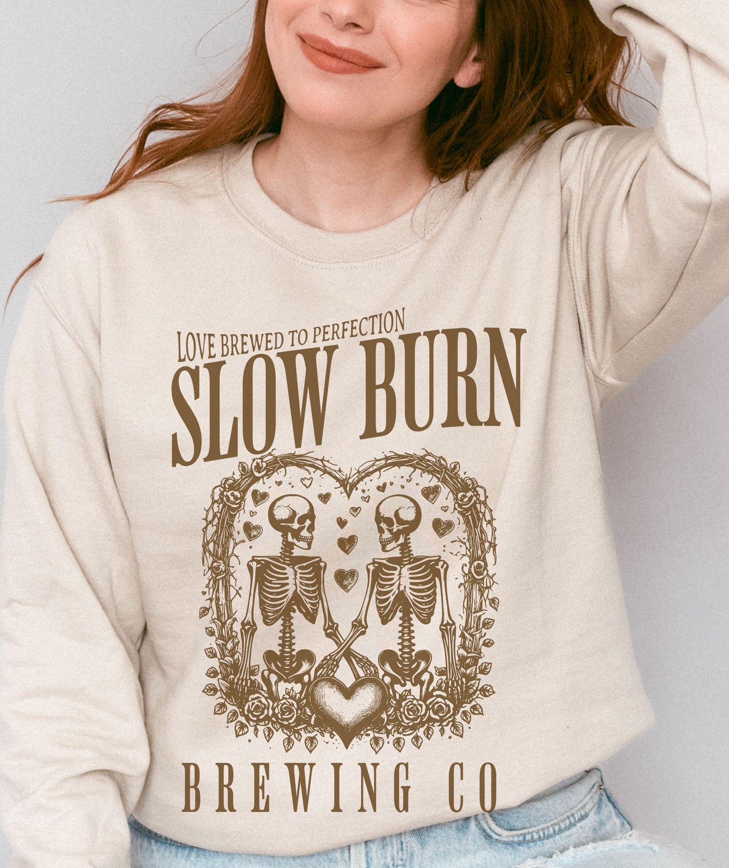 Slow Burn Brewing Co Skeleton Sweatshirt, Book Tropes Shirt Booktrovert Smut Shirt Romantasy Reader Enemies To Lovers Romance Sweatshirt