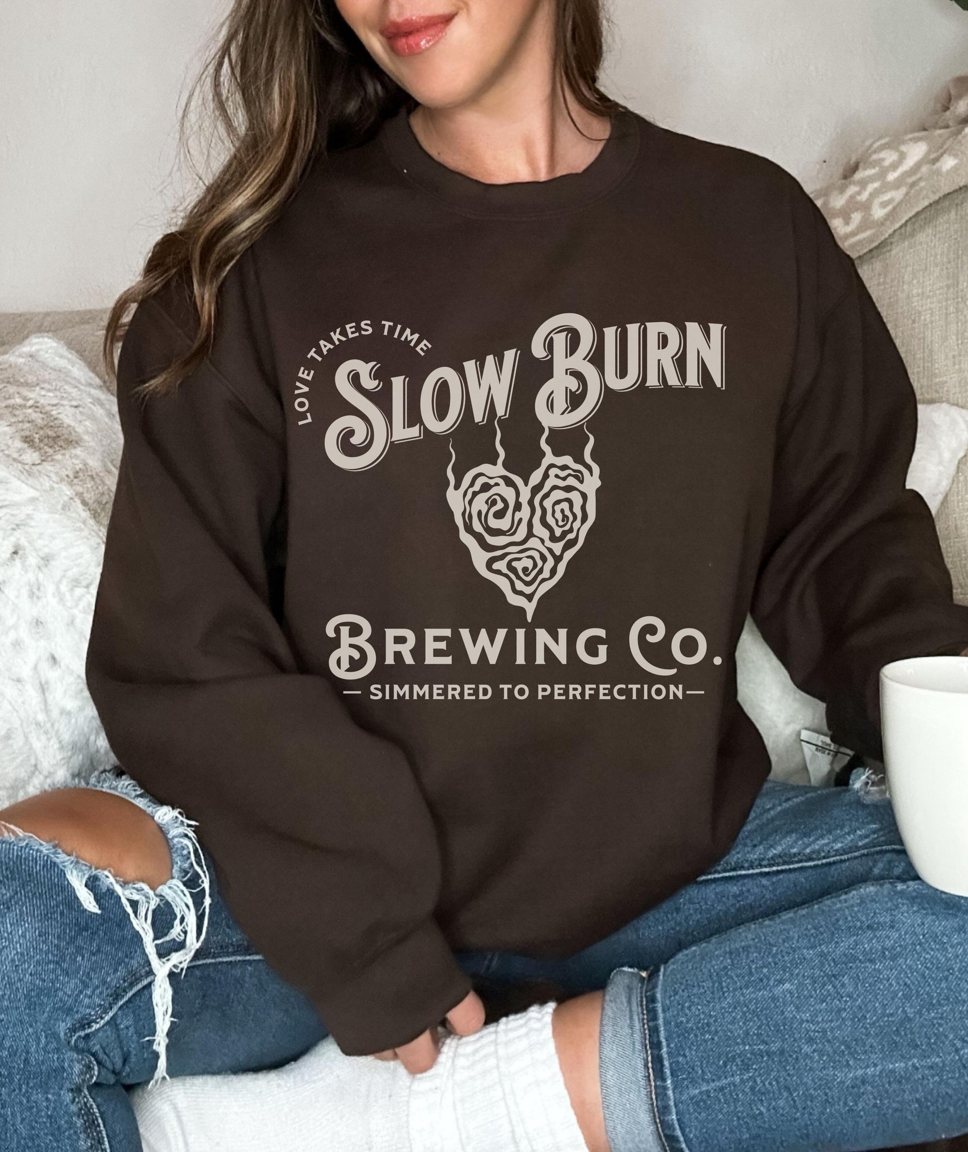 Slow Burn Brewing Co Book Tropes Sweatshirt, Booktrovert Smut Shirt Romantasy Reader Enemies To Lovers Dark Romance Spicy Book Sweatshirt