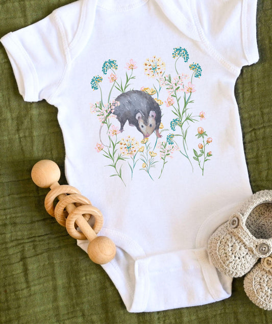 Opossum Baby Bodysuit, Cottagecore Baby Clothes, Possum Wild Flowers Bodysuit, Wildflower Opossum Baby Gift Forest Animal Baby Girl Clothes