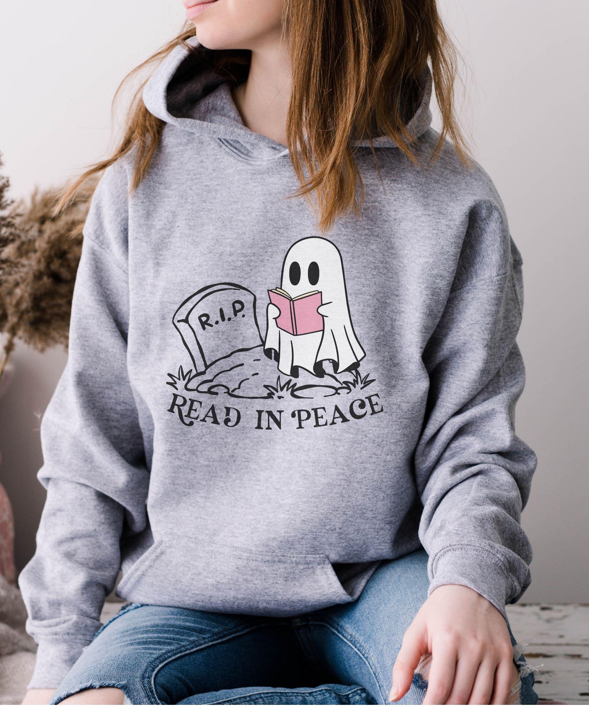 Read in Peace Ghost Book Hoodie, Booktrovert Halloween Library Sweatshirt Reading Ghost Hoodie, Fall Book Sweatshirt Book Lover Hoodie