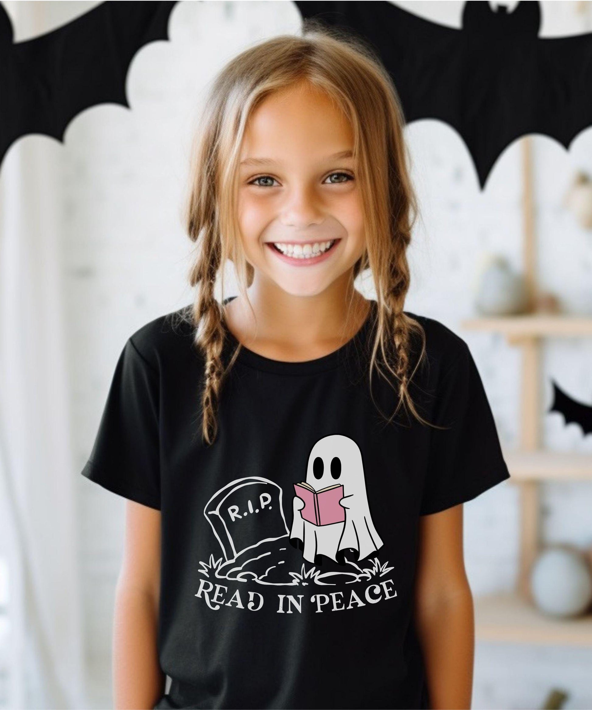 Read in Peace Kids Ghost Book Shirt, Halloween Bookish Shirt for Youth, Reading Ghost Shirt Girl, Pink Halloween Fall Bookish Tee for Kids