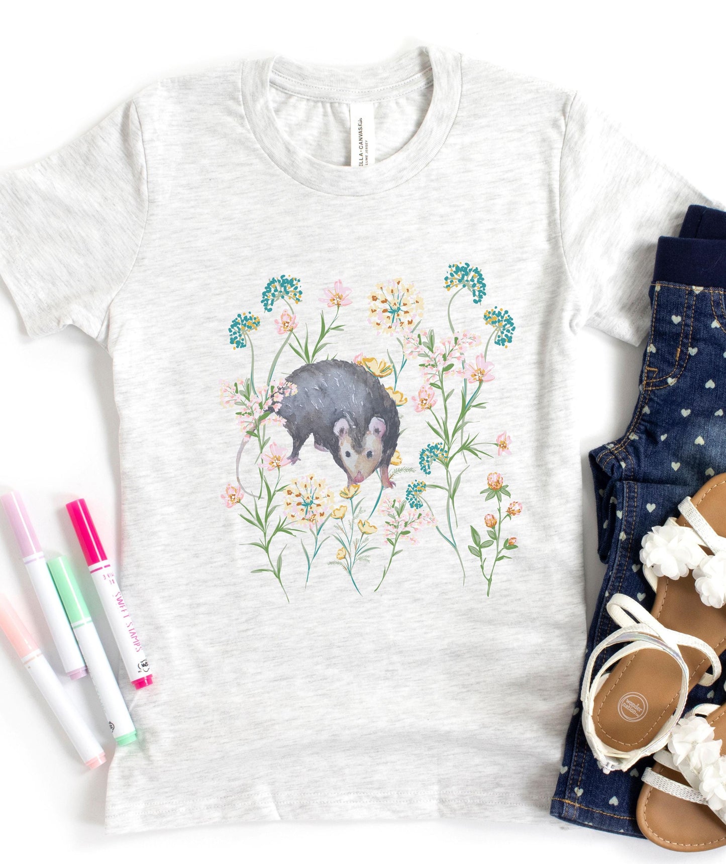 Opossum Shirt Kids, Boho Wild Flowers Cottagecore Possum Shirt Toddler Girls Opossum Gifts Forestcore Cottage Core Granola Girl Nature Shirt