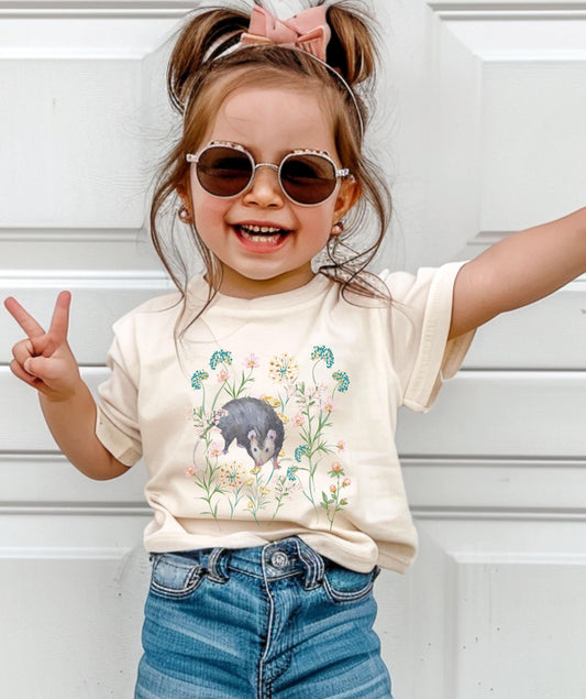 Opossum Shirt Kids, Boho Wild Flowers Cottagecore Possum Shirt Toddler Girls Opossum Gifts Forestcore Cottage Core Granola Girl Nature Shirt