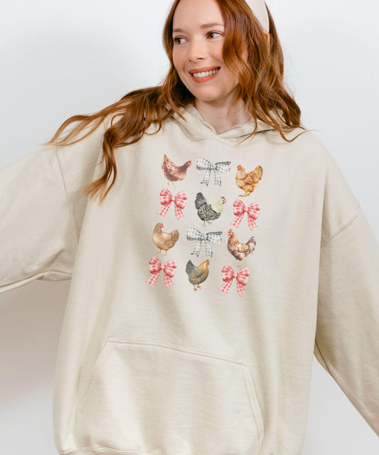 Chicken Bow Hoodie Adult Chicken Sweatshirt, Coquette Cowgirl Farm Animal Hoodie, Chicken Bow Shirt, Bow Sweatshirt Coquette Chicken Shirt