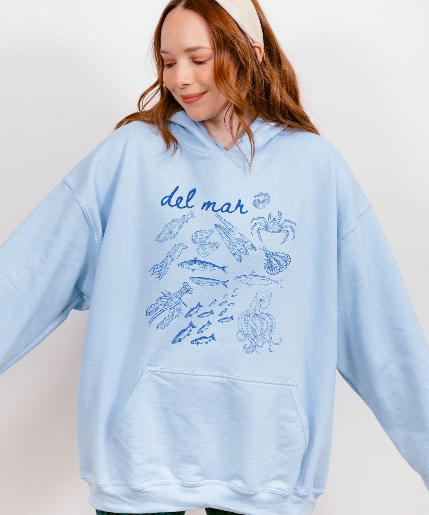 Del Mar Italian Ocean Hoodie, Sardines Lobster Squid Crustacean Ocean Core Sweatshirt Sea Animals Seafood Ocean Hoodie Old Money Aesthetic