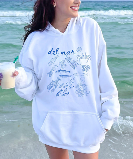 Del Mar Italian Ocean Hoodie, Sardines Lobster Squid Crustacean Ocean Core Sweatshirt Sea Animals Seafood Ocean Hoodie Old Money Aesthetic