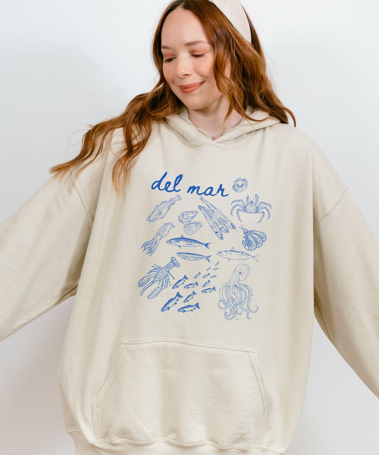 Del Mar Italian Ocean Hoodie, Sardines Lobster Squid Crustacean Ocean Core Sweatshirt Sea Animals Seafood Ocean Hoodie Old Money Aesthetic