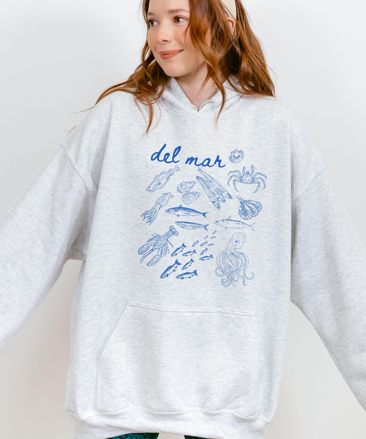 Del Mar Italian Ocean Hoodie, Sardines Lobster Squid Crustacean Ocean Core Sweatshirt Sea Animals Seafood Ocean Hoodie Old Money Aesthetic