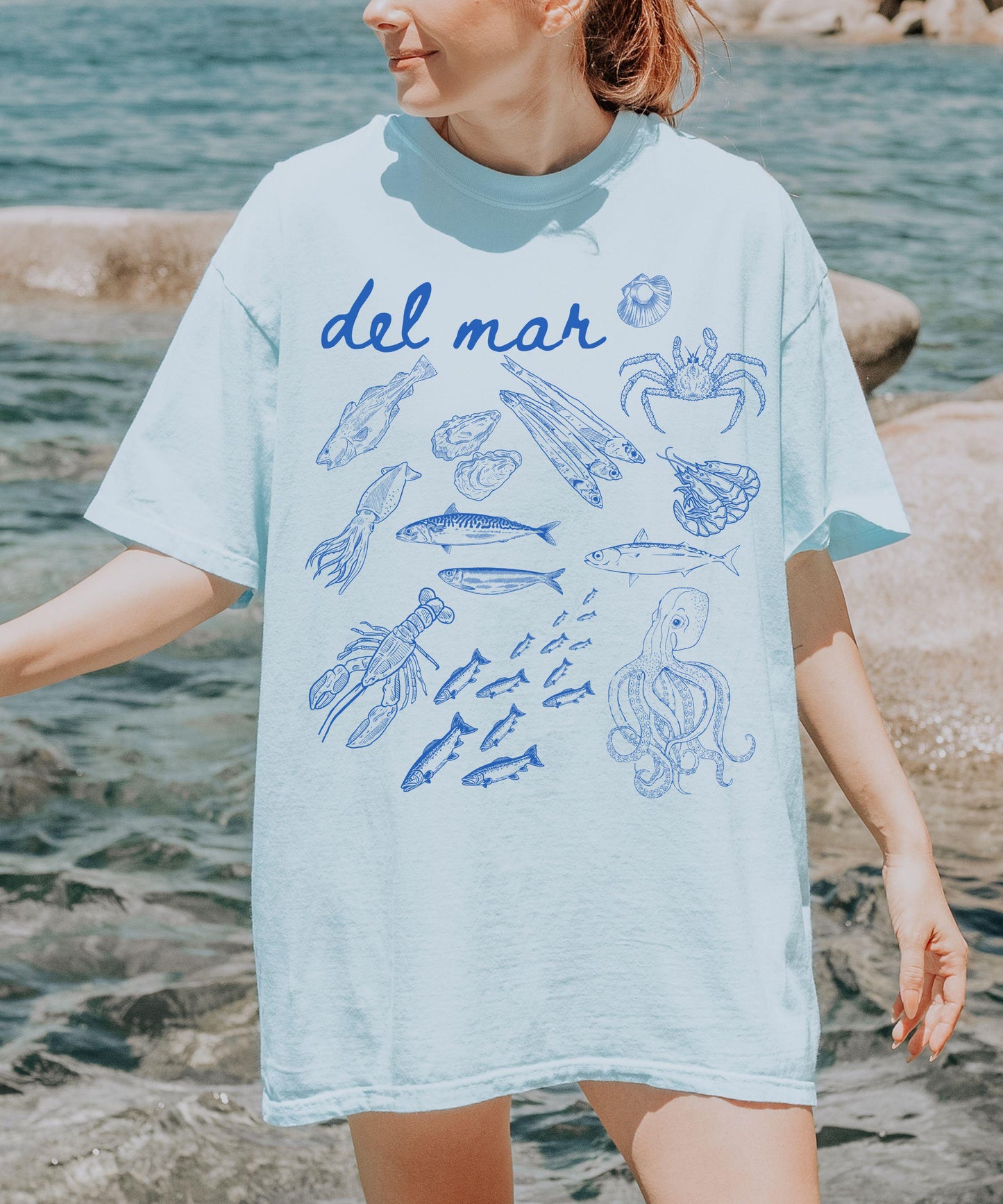 Del Mar Italian Ocean Fish Shirt, Sardines Lobster Squid Crustacean Ocean Core Shirt Sea Animals Seafood Ocean Tshirt Old Money Aesthetic