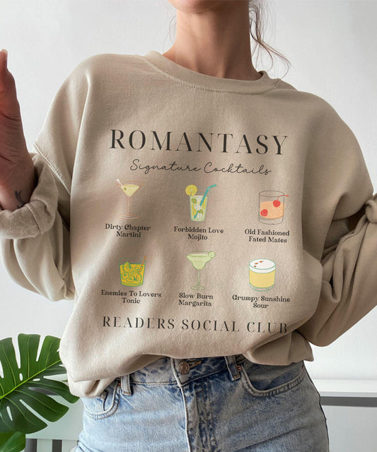 Romantasy Readers Social Club Signature Cocktails Martini Sweatshirt, Book Tropes Enemies to Lovers Fated Mates Slow Burn Grumpy Sunshine