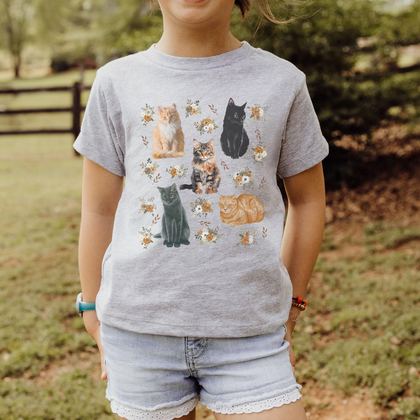 Floral Cat Shirt Kids Youth Cat Tee Toddler Kitten Tshirt, Cottagecore Cat Clothes Girls Cat Lover Gift, Cat Kids Clothing Animal Lover Gift