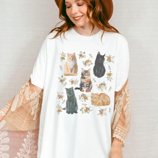 Cats and Flowers Floral Cat Shirt, Cottage Core Clothes Catlover Gifts Kitten Tshirt Women, Kitten Shirt GrandmaCore Clothes