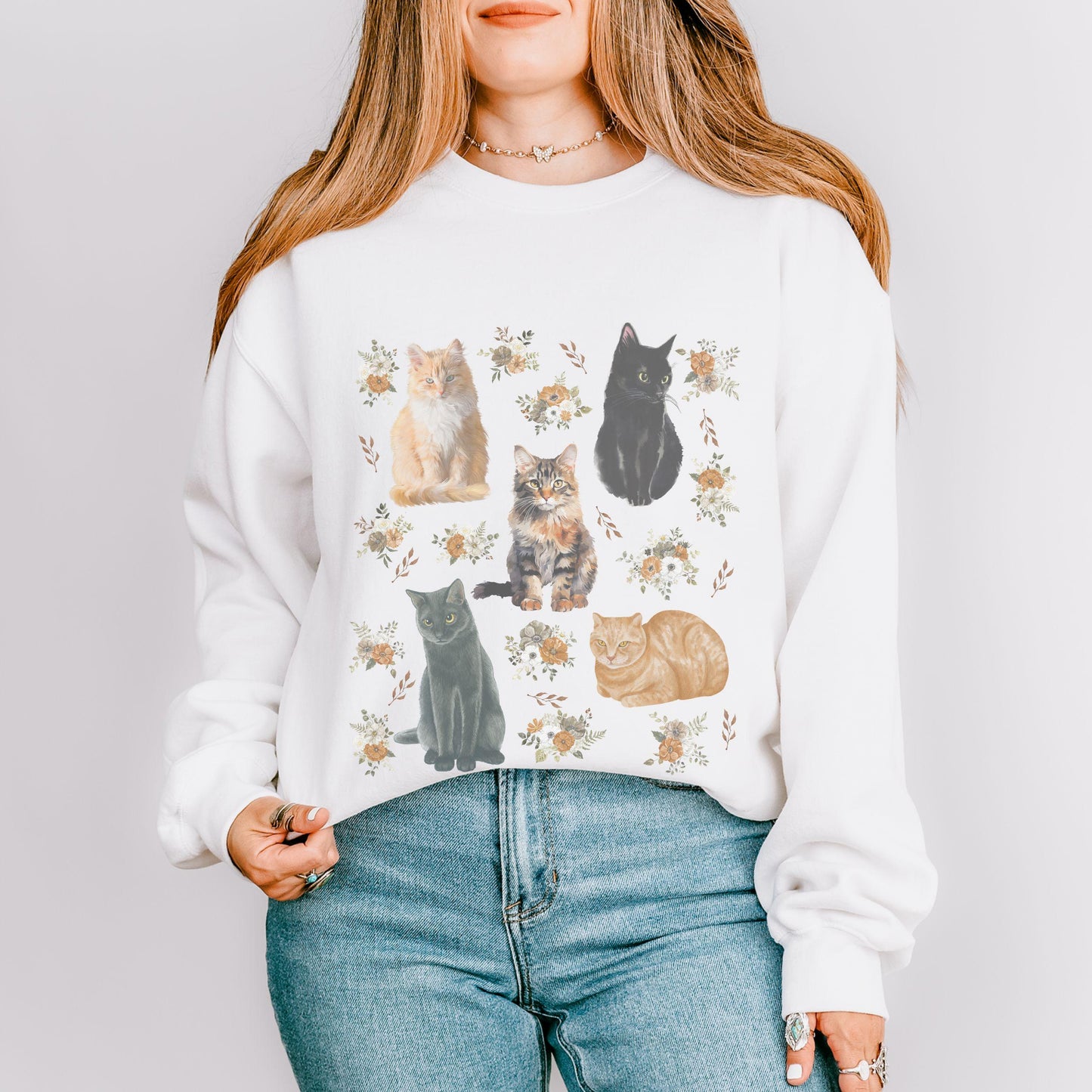 Cats and Flowers Crewneck Sweatshirt, Cat Themed Gifts Floral Cat Grandmacore Cat Lover Sweater Cottage Core Clothes Cat Shirts Women