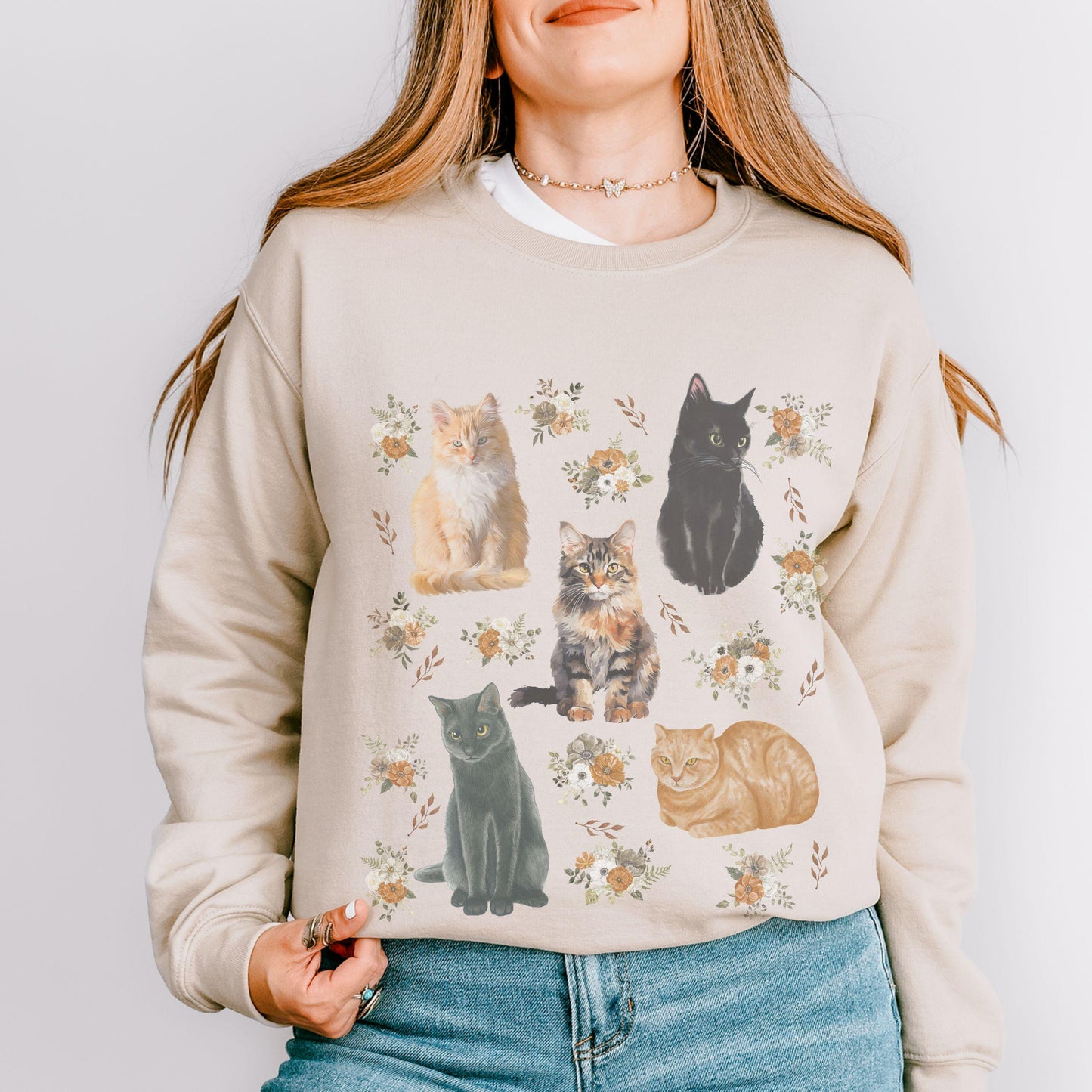 Cats and Flowers Crewneck Sweatshirt, Cat Themed Gifts Floral Cat Grandmacore Cat Lover Sweater Cottage Core Clothes Cat Shirts Women