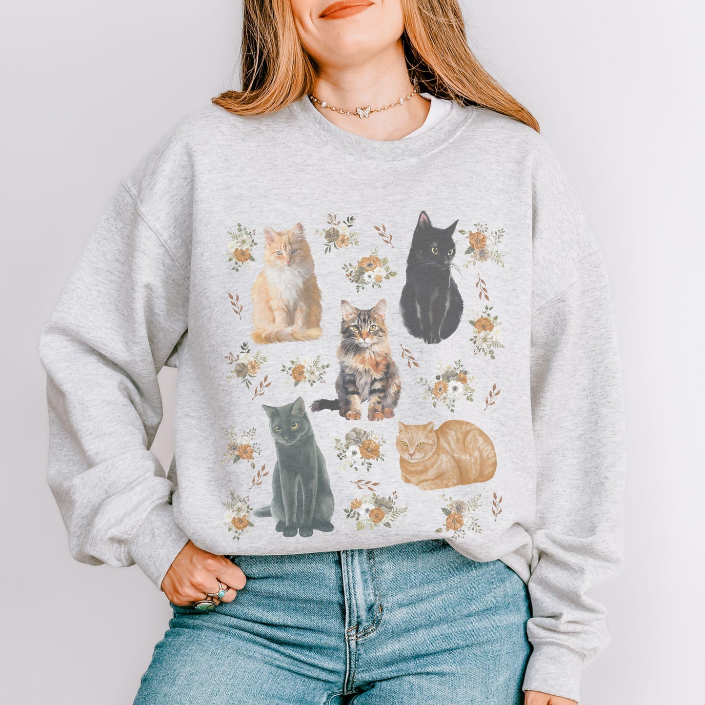 Cats and Flowers Crewneck Sweatshirt, Cat Themed Gifts Floral Cat Grandmacore Cat Lover Sweater Cottage Core Clothes Cat Shirts Women