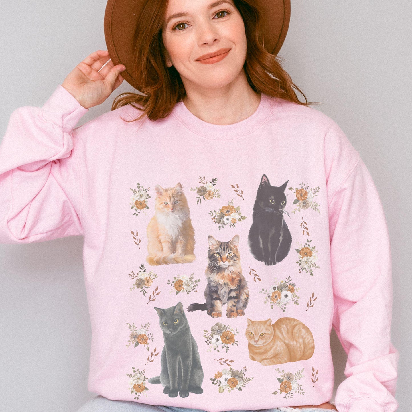 Cats and Flowers Crewneck Sweatshirt, Cat Themed Gifts Floral Cat Grandmacore Cat Lover Sweater Cottage Core Clothes Cat Shirts Women