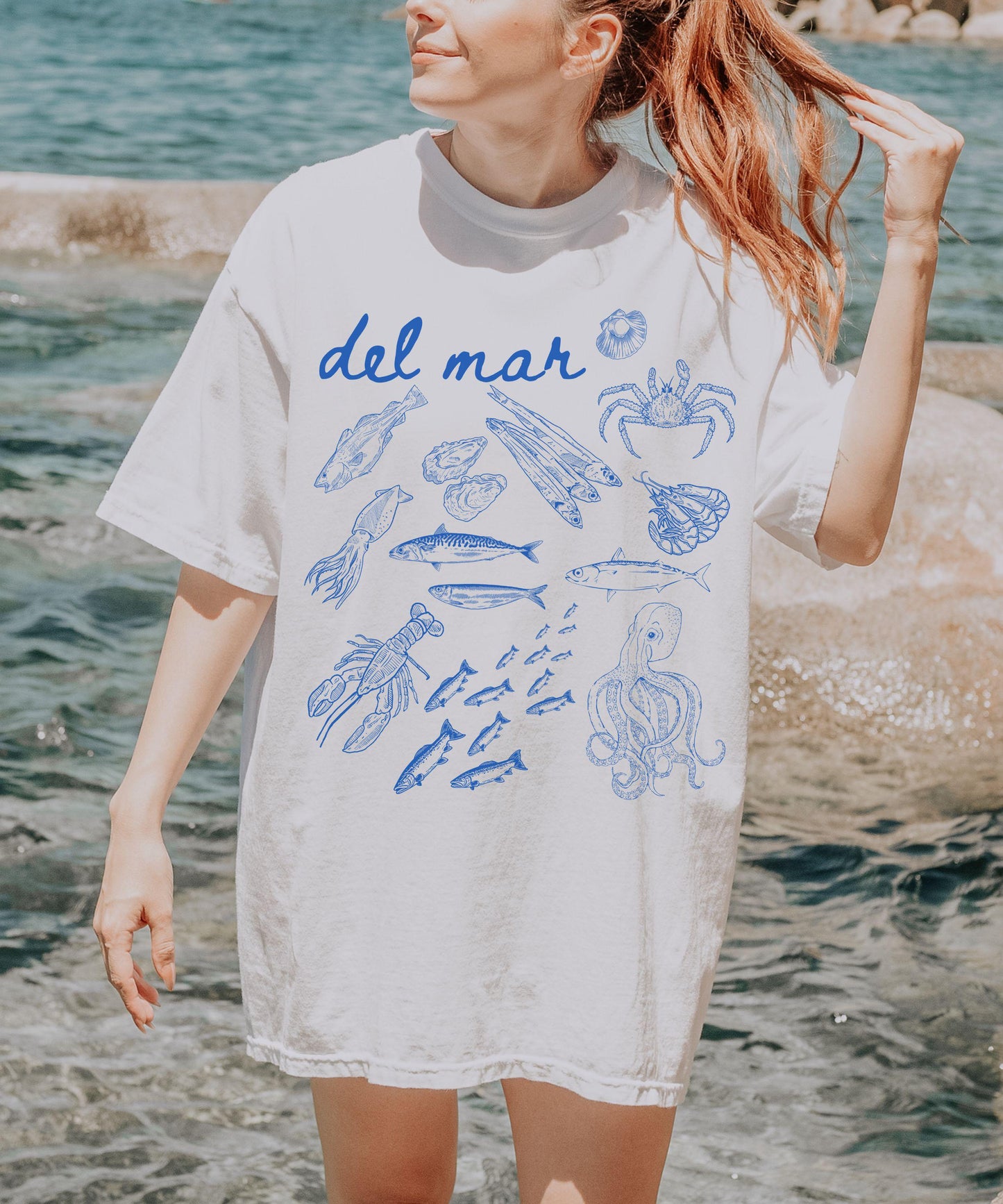 Del Mar Italian Ocean Fish Shirt, Sardines Lobster Squid Crustacean Ocean Core Shirt Sea Animals Seafood Ocean Tshirt Old Money Aesthetic