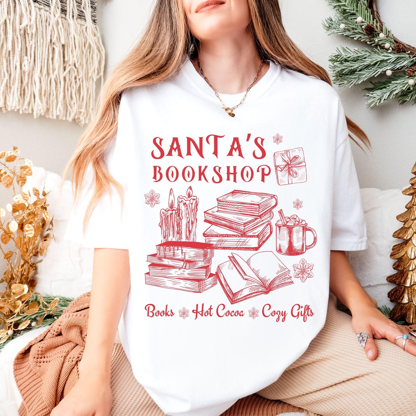 Santa's Bookshop Bookish Christmas Shirt, Bookcore Christmas Tshirt Santa Shirts for Book Lovers Booktok Cozy Christmas Romance Reader Shirt