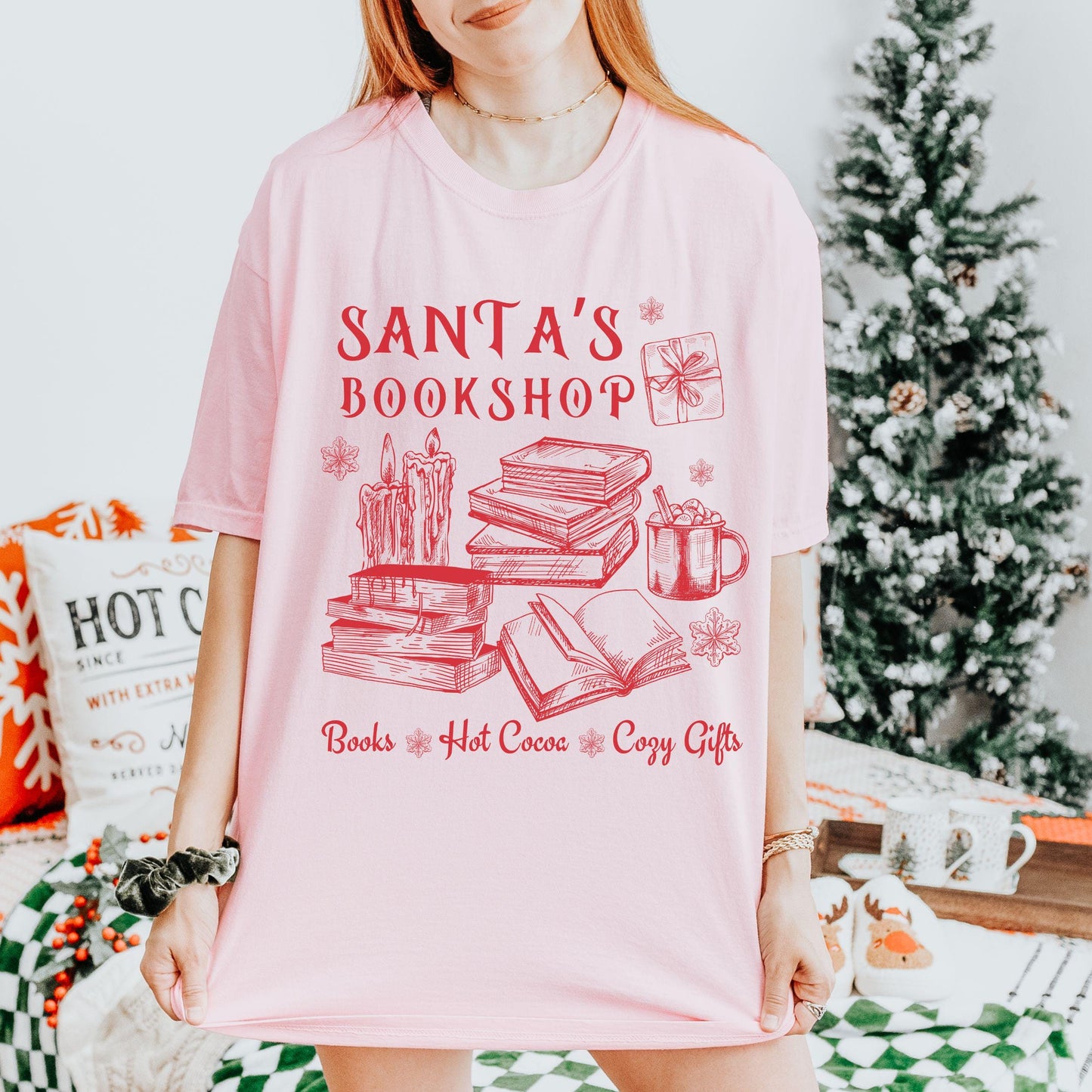 Santa's Bookshop Bookish Christmas Shirt, Bookcore Christmas Tshirt Santa Shirts for Book Lovers Booktok Cozy Christmas Romance Reader Shirt