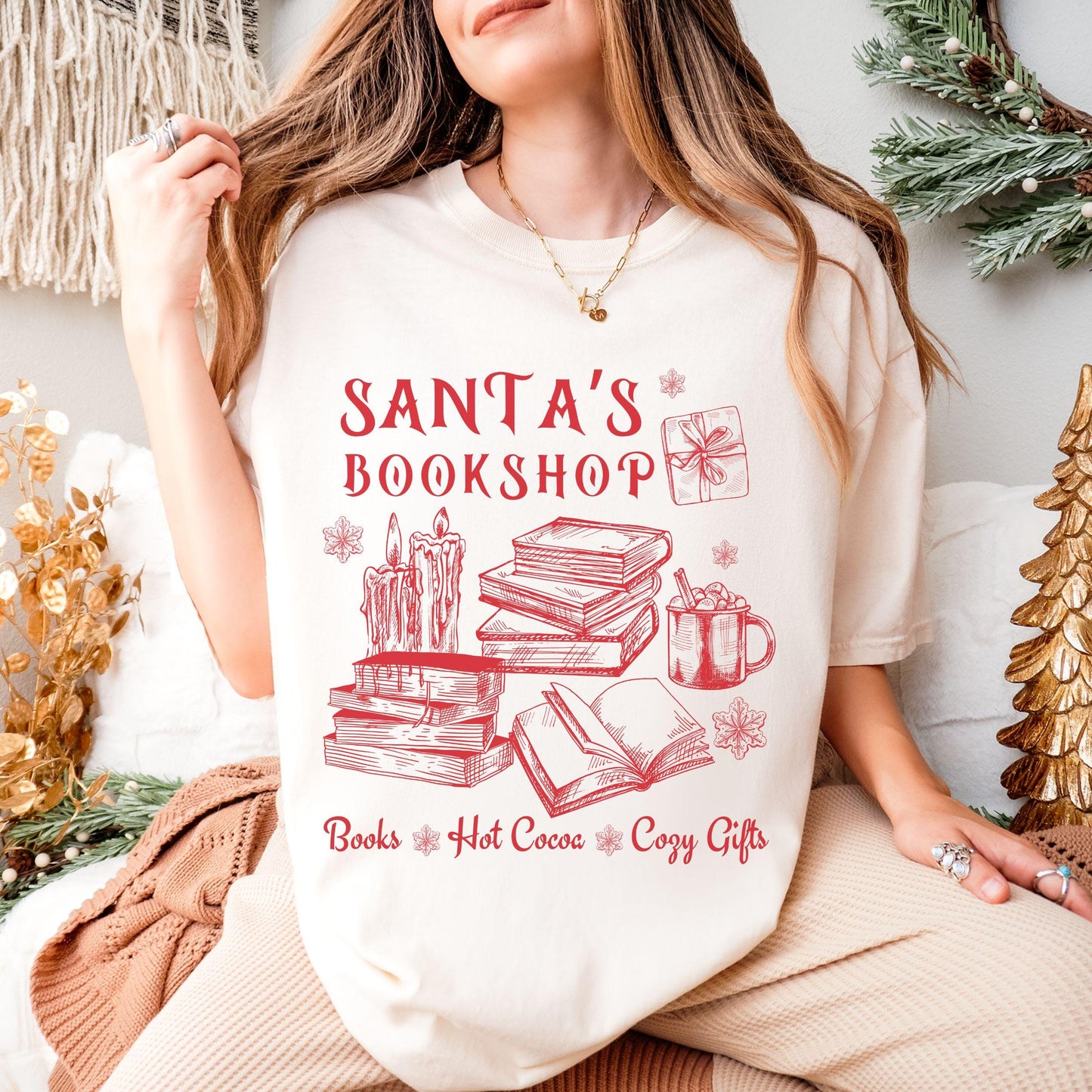 Santa's Bookshop Bookish Christmas Shirt, Bookcore Christmas Tshirt Santa Shirts for Book Lovers Booktok Cozy Christmas Romance Reader Shirt