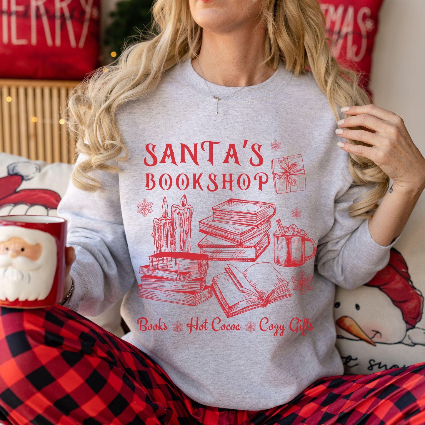 Santa's Bookshop Christmas Reading Sweater, Book Lover Sweater Light Academia Sweatshirt Bookish Christmas Things Vintage Santa Sweatshirt