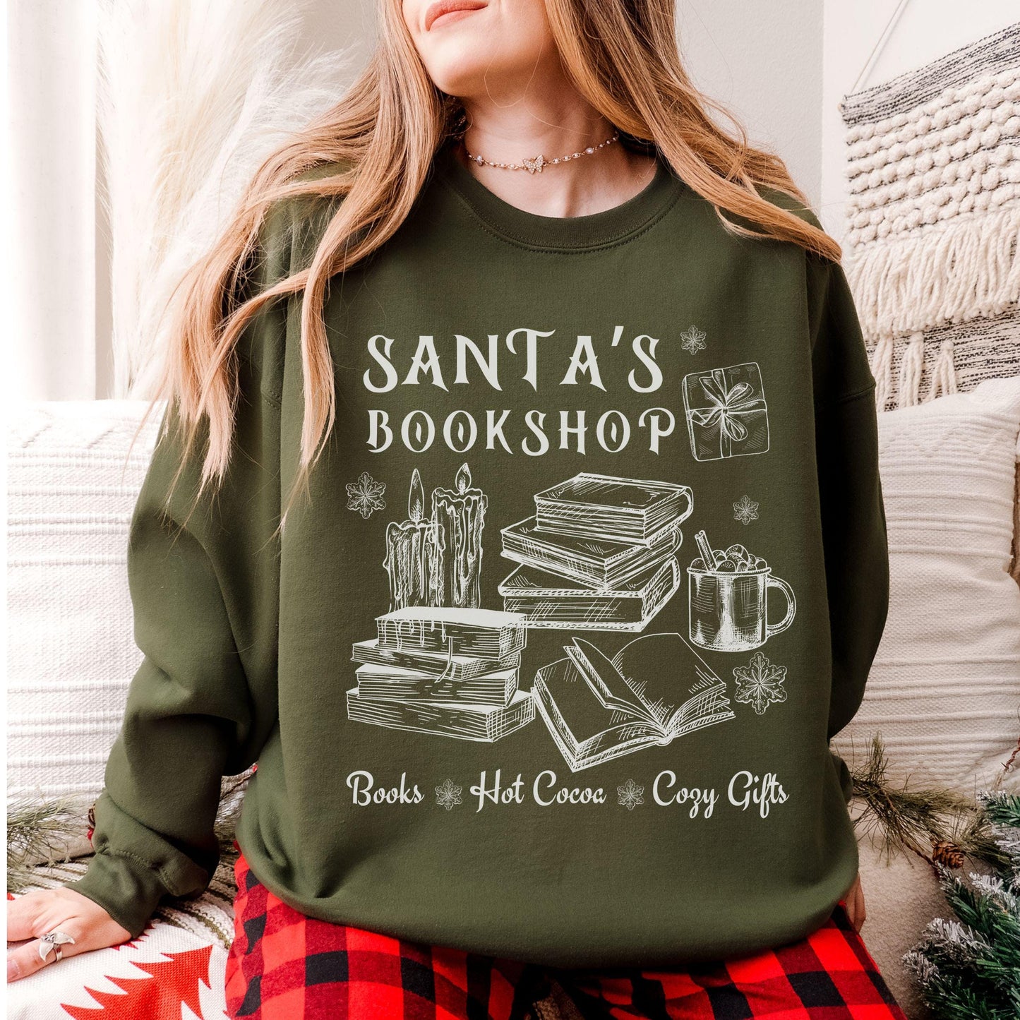 Santa's Bookshop Christmas Reading Sweater, Book Lover Sweater Light Academia Sweatshirt Bookish Christmas Things Vintage Santa Sweatshirt