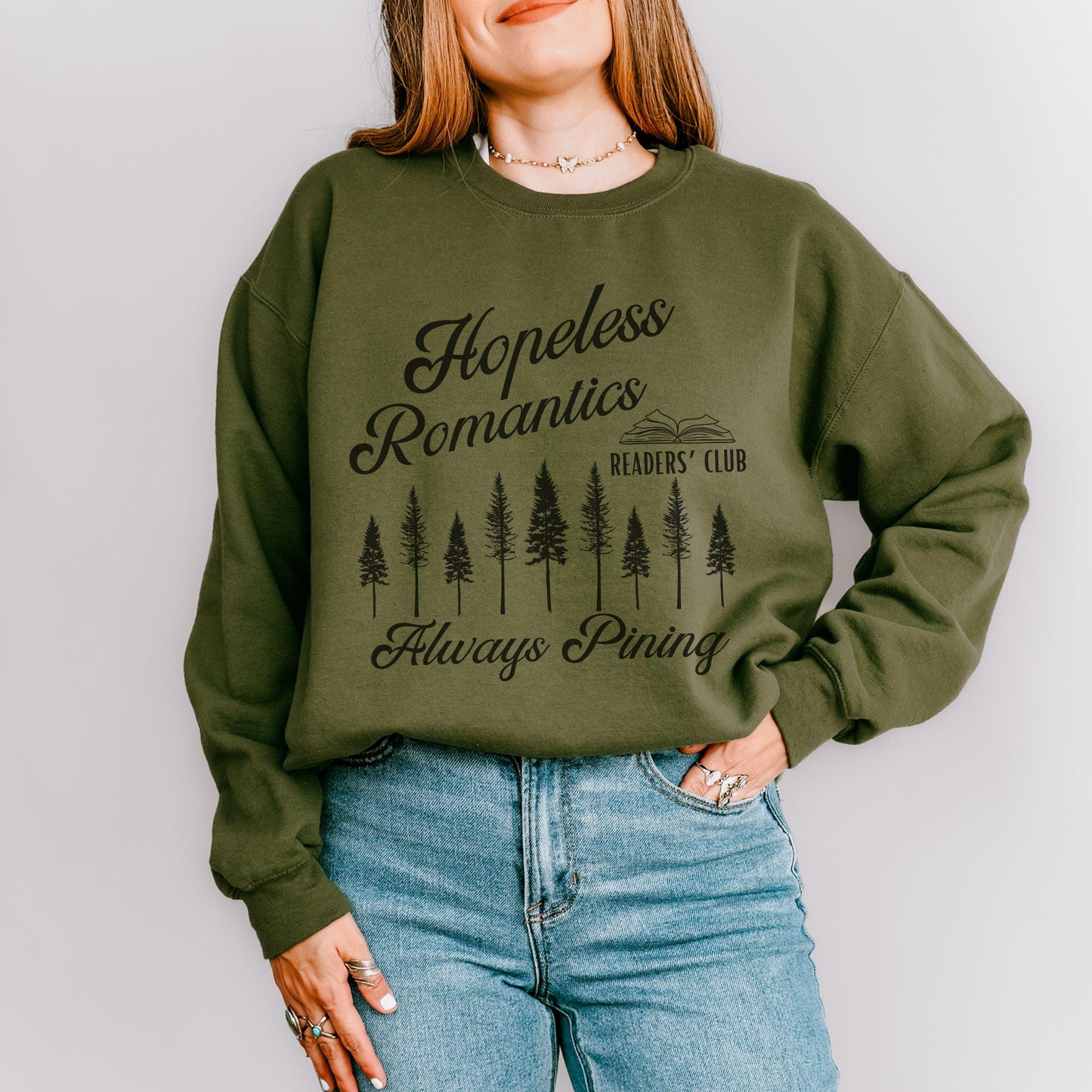 Hopeless Romantics Readers Club Sweatshirt, Pine Tree Sweatshirt Romance Reader Shirt Romantasy Reader Crewneck Bookcore Reading Sweatshirt