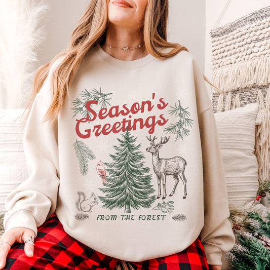 Christmas Forest Sweatshirt, Forest Core Animals Holiday Crewneck Retro Pine Tree Shirt Nordic Christmas Granola Girl Reindeer Sweatshirt