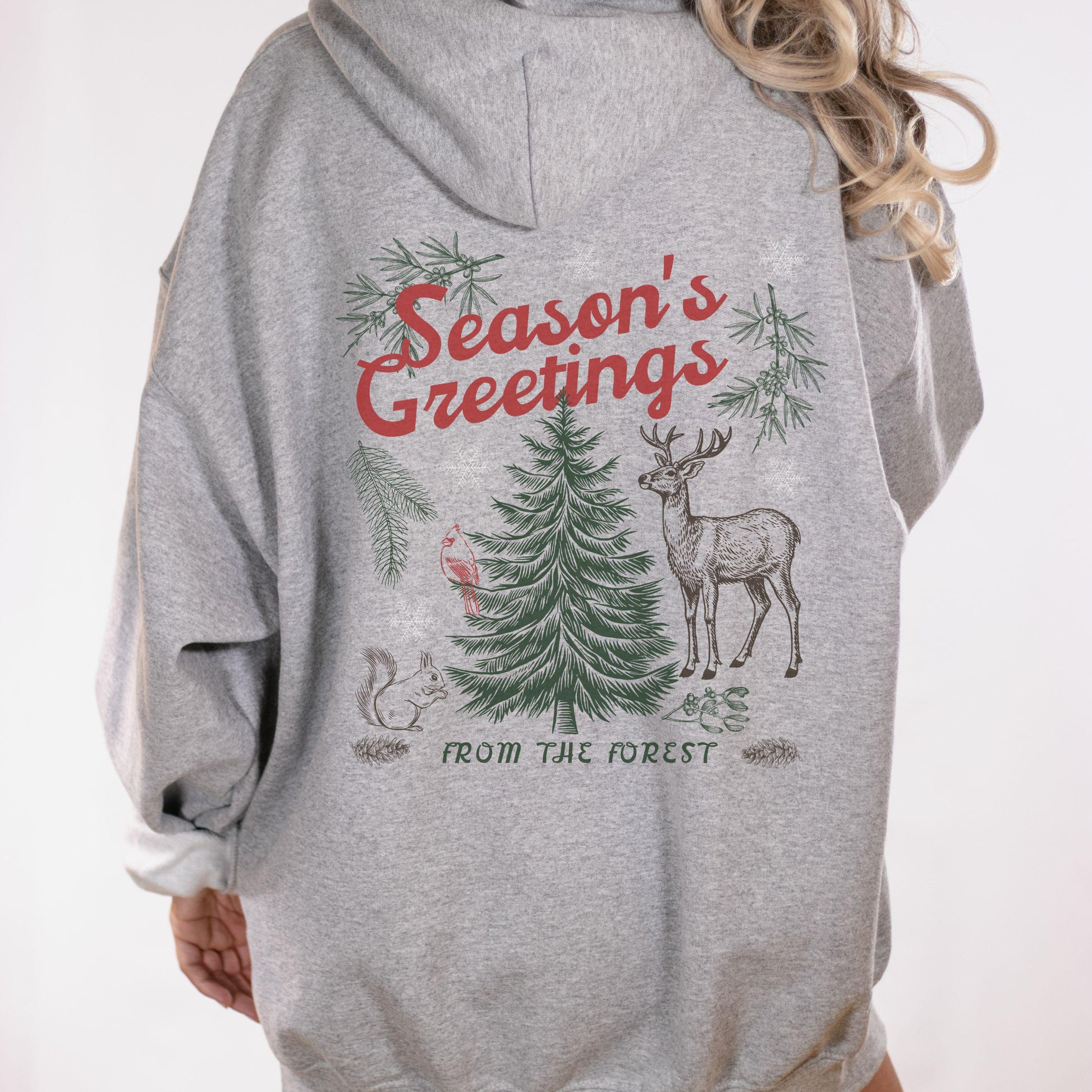 Season's Greetings Forest Nature Lover Christmas Hoodie, Forest Core Animals Retro Holiday Pine Tree Granola Girl Reindeer Sweatshirt