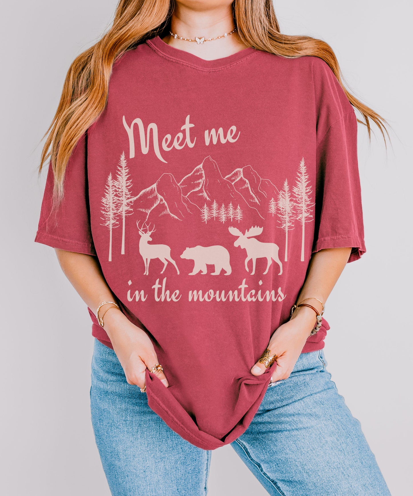 Meet Me In The Mountains Shirt, Forest Animal Nature Core Forestcore Granola Girl Nature Lover Hiking Tshirt Deer Bear Moose Ecology Shirt