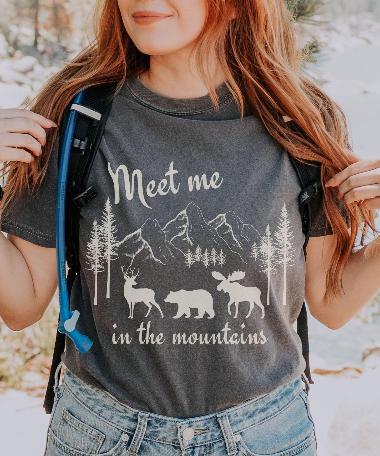 Meet Me In The Mountains Shirt, Forest Animal Nature Core Forestcore Granola Girl Nature Lover Hiking Tshirt Deer Bear Moose Ecology Shirt