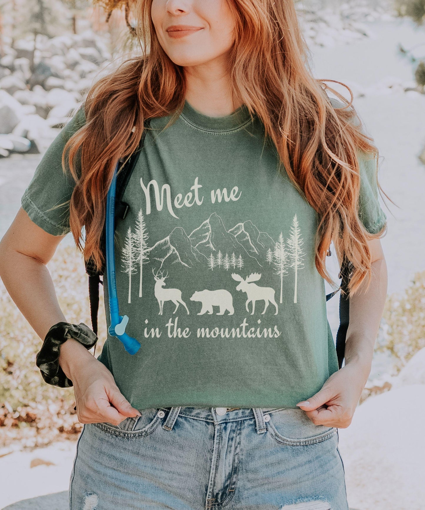 Meet Me In The Mountains Shirt, Forest Animal Nature Core Forestcore Granola Girl Nature Lover Hiking Tshirt Deer Bear Moose Ecology Shirt