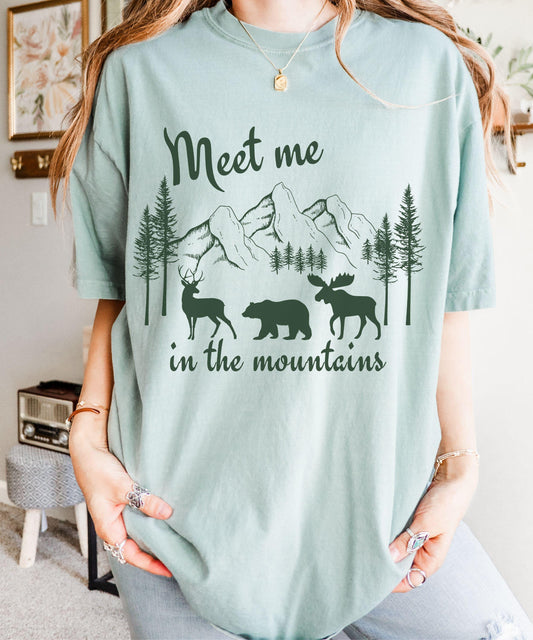 Meet Me In The Mountains Shirt, Forest Animal Nature Core Forestcore Granola Girl Nature Lover Hiking Tshirt Deer Bear Moose Ecology Shirt