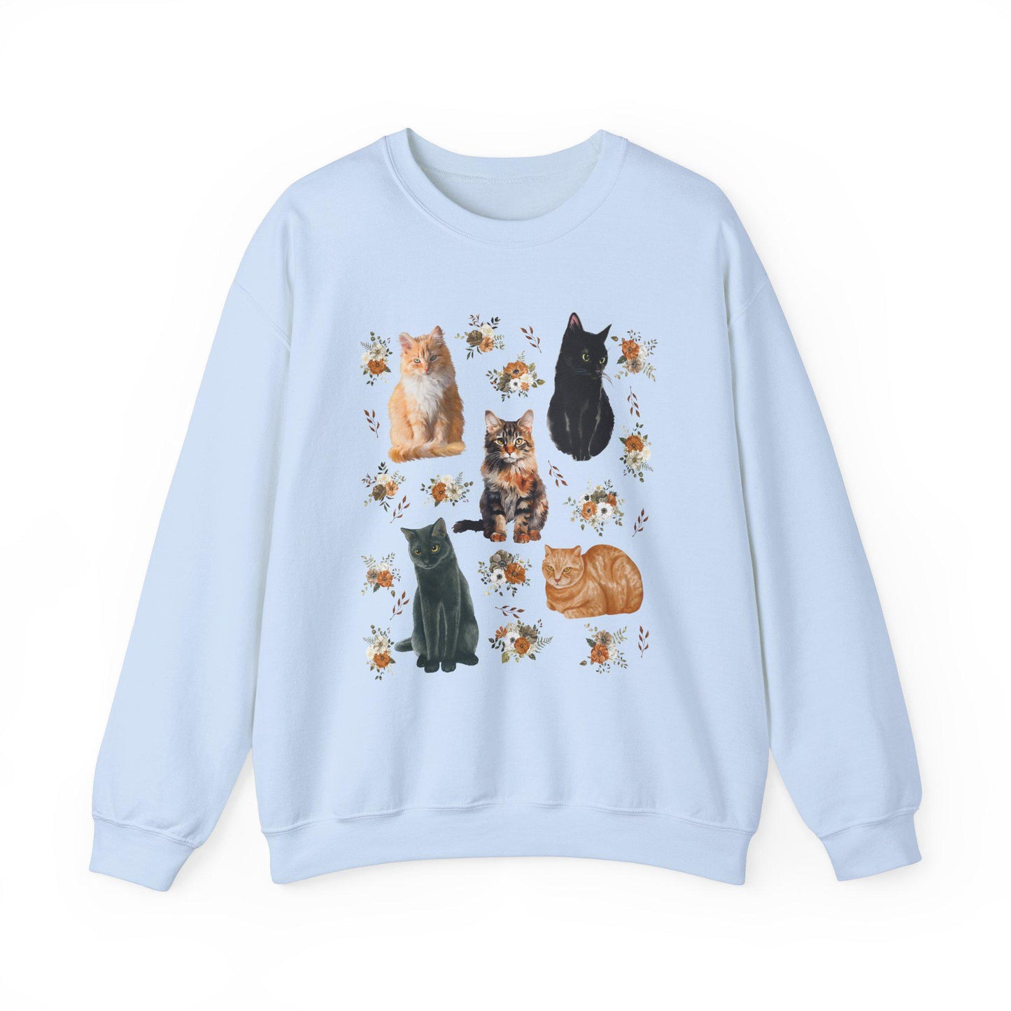 Cats and Flowers Crewneck Sweatshirt, Cat Themed Gifts Floral Cat Grandmacore Cat Lover Sweater Cottage Core Clothes Cat Shirts Women