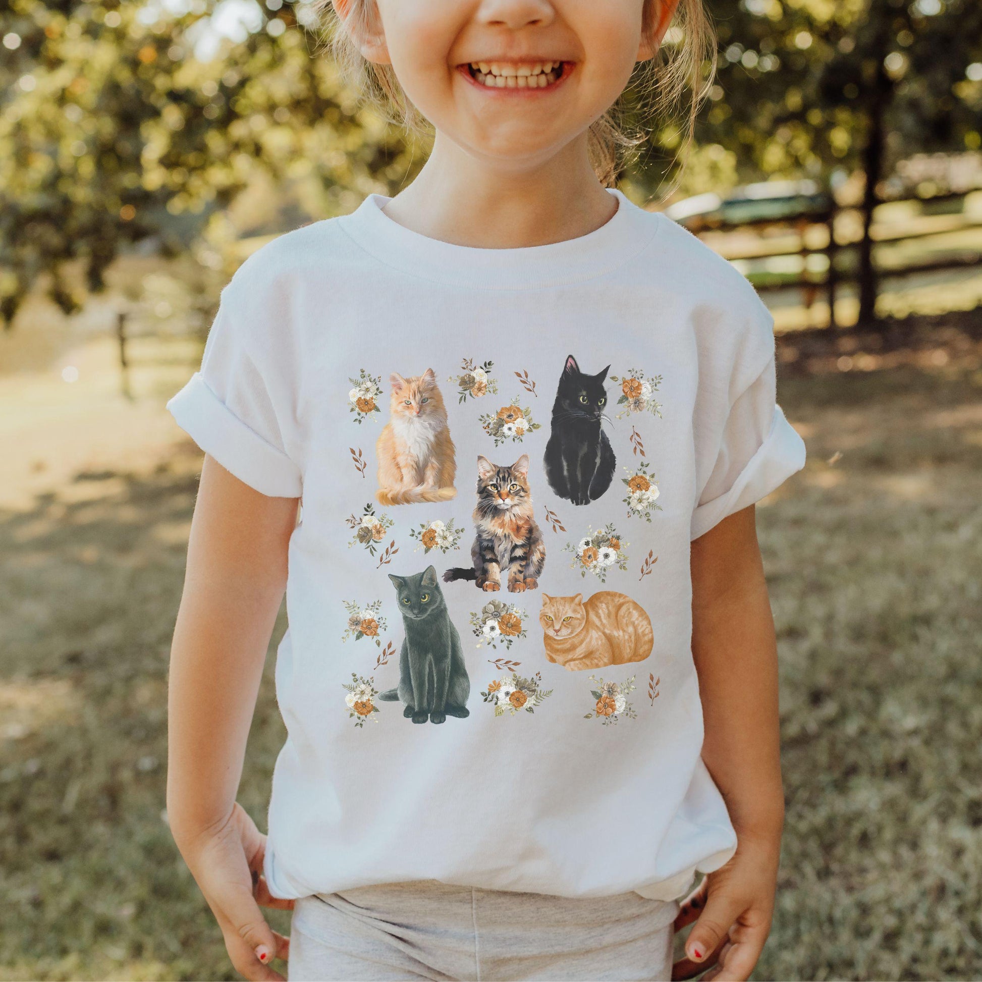 Floral Cat Shirt Kids Youth Cat Tee Toddler Kitten Tshirt, Cottagecore Cat Clothes Girls Cat Lover Gift, Cat Kids Clothing Animal Lover Gift