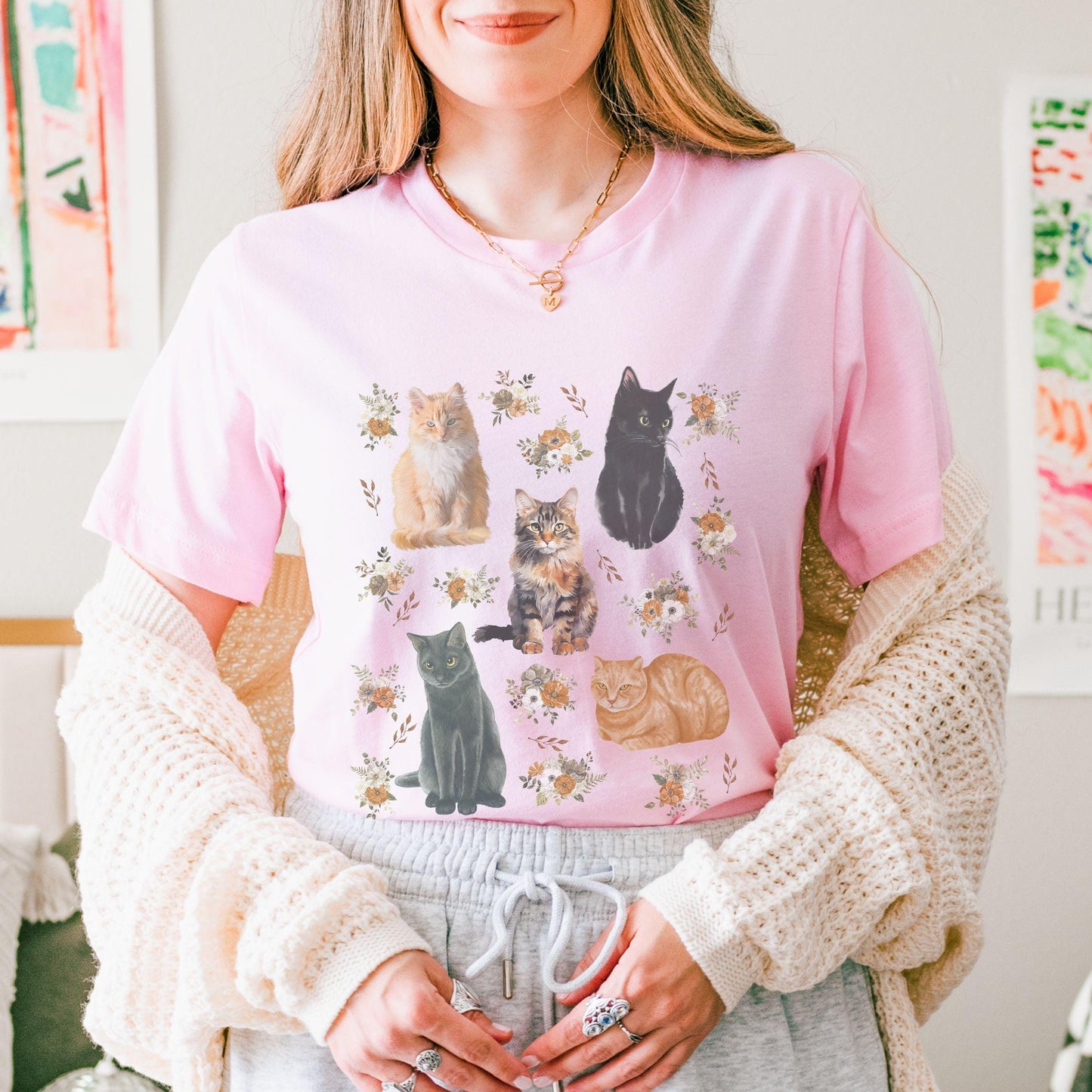 Cats and Flowers Floral Cat Shirt, Cottage Core Clothes Catlover Gifts Kitten Tshirt Women, Kitten Shirt GrandmaCore Clothes