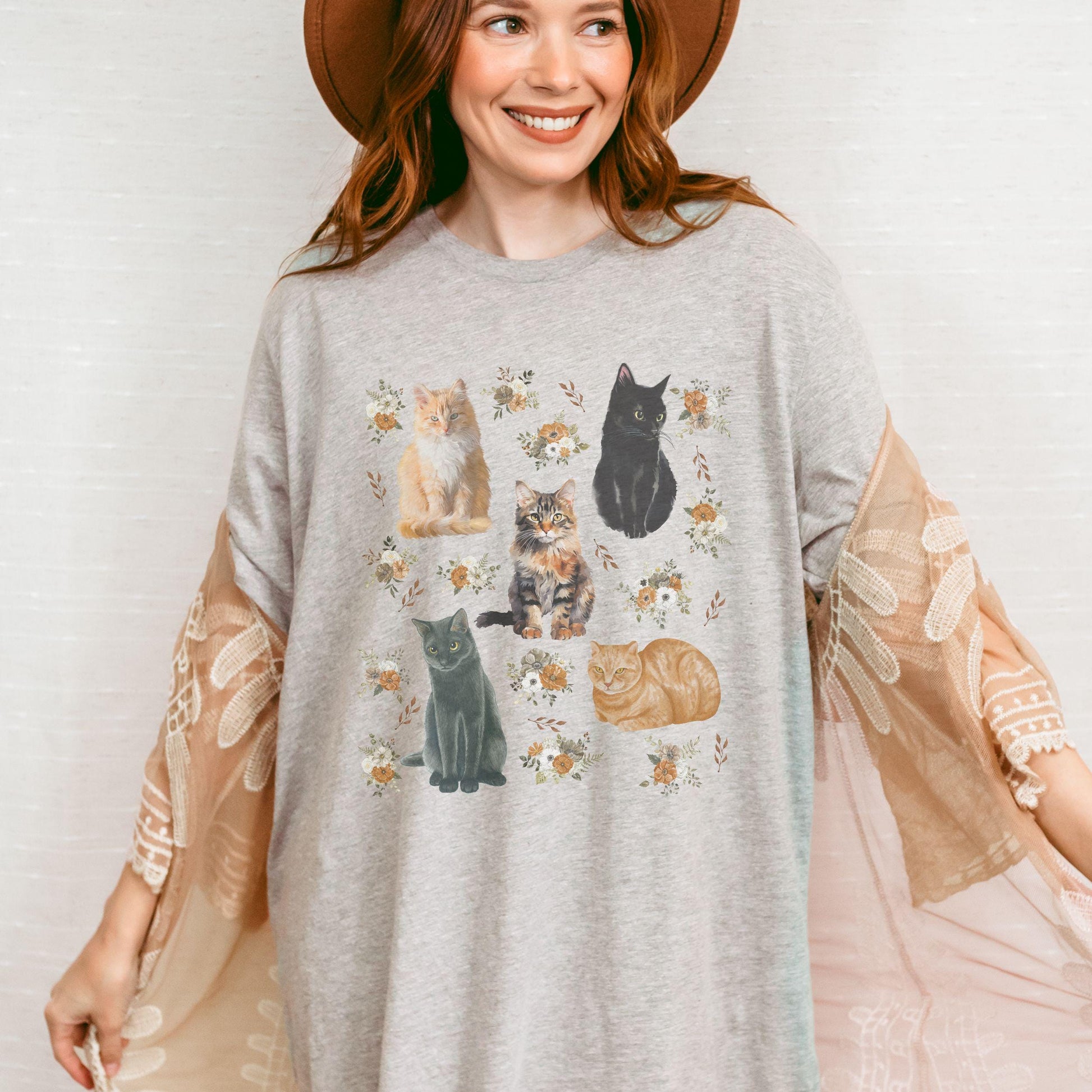 Cats and Flowers Floral Cat Shirt, Cottage Core Clothes Catlover Gifts Kitten Tshirt Women, Kitten Shirt GrandmaCore Clothes