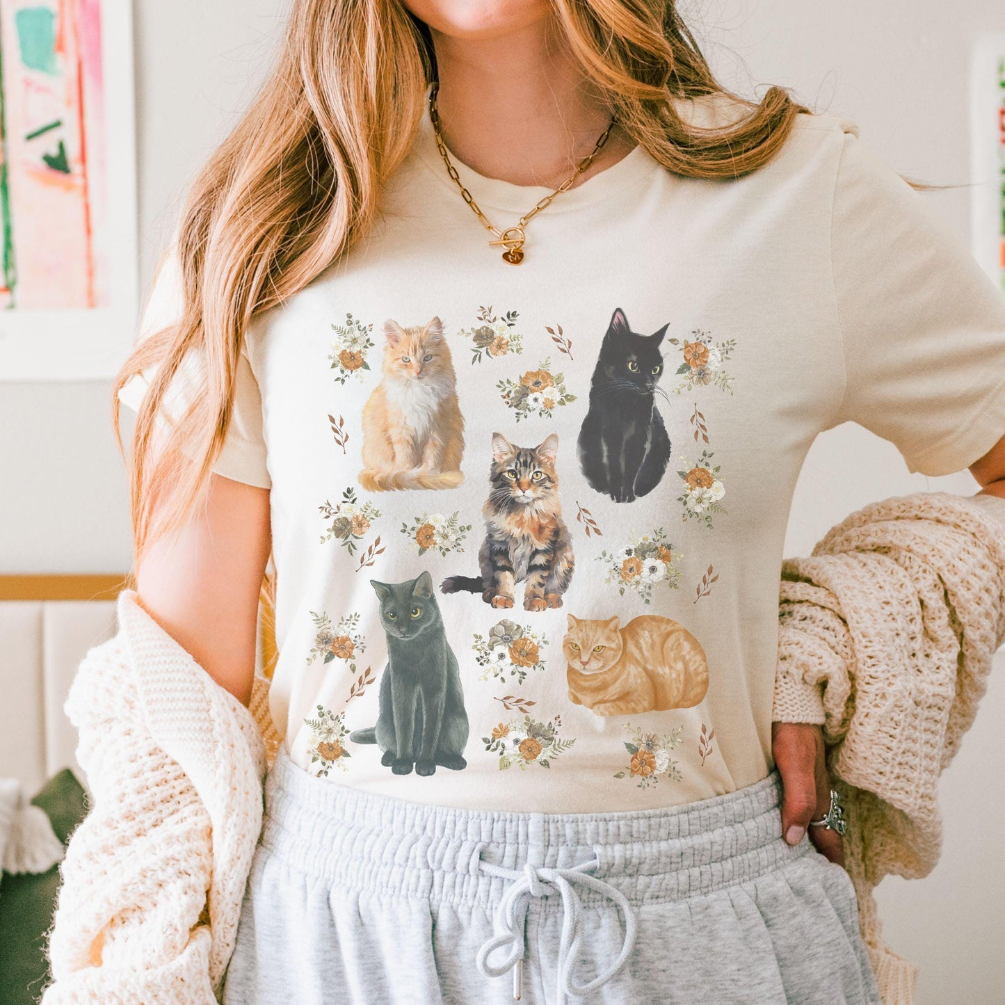 Cats and Flowers Floral Cat Shirt, Cottage Core Clothes Catlover Gifts Kitten Tshirt Women, Kitten Shirt GrandmaCore Clothes