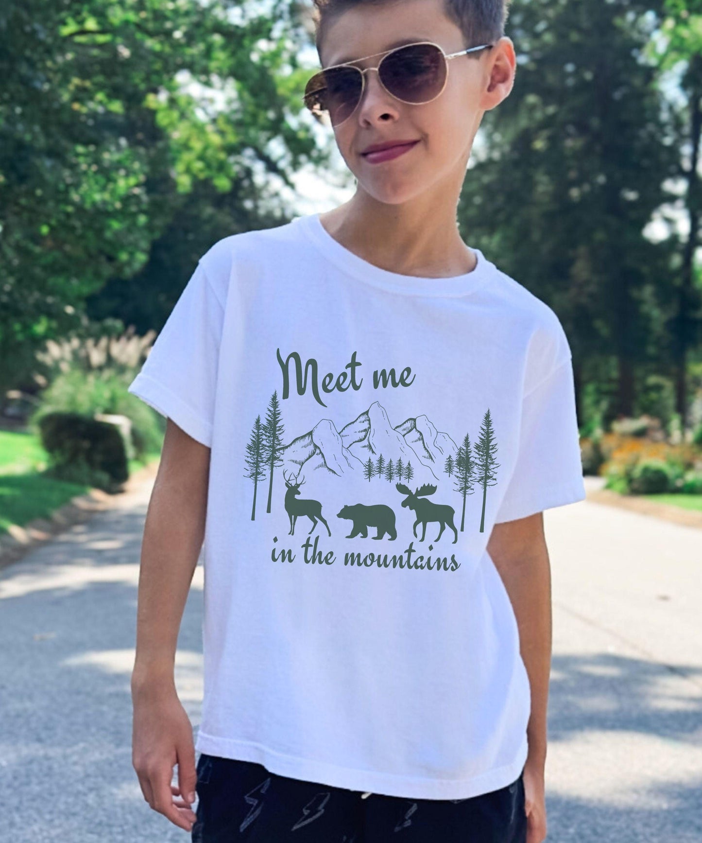 Meet Me in the Mountains Shirt Kids, Mountain Animal Lover Shirt Deer Bear Moose Shirt, Neutral Kids Clothes Naturecore Granola Colorado Tee