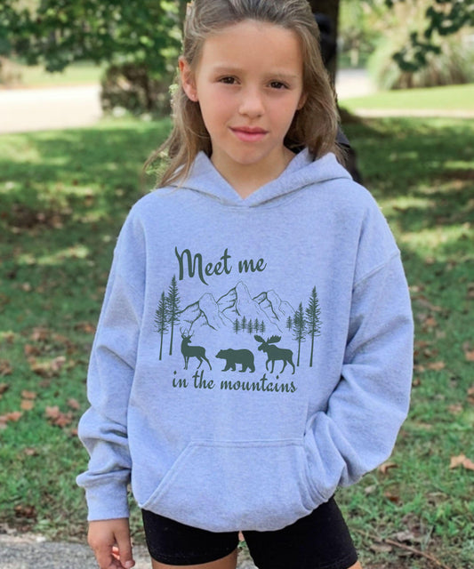 Meet Me in the Mountains Hoodie Kids, Mountain Sweatshirt Animal Lover Shirt Deer Bear Moose Neutral Kids Clothes Naturecore Colorado Hoodie