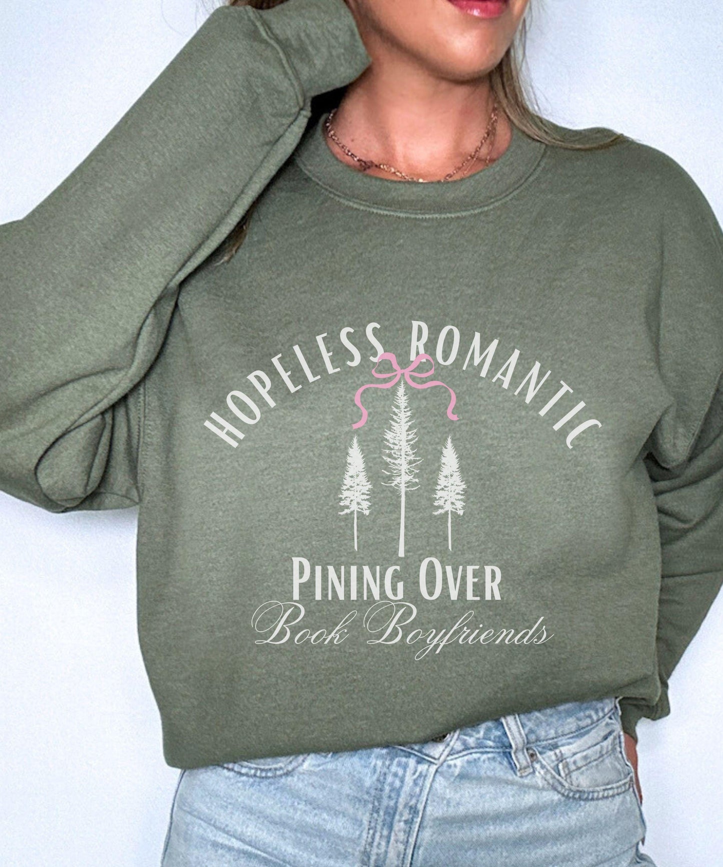 Hopeless Romantic Book Boyfriends Sweatshirt, Pine Tree Naturecore Forest Core Bookish Bow Sweatshirt Balletcore Romance Reader Sweatshirt