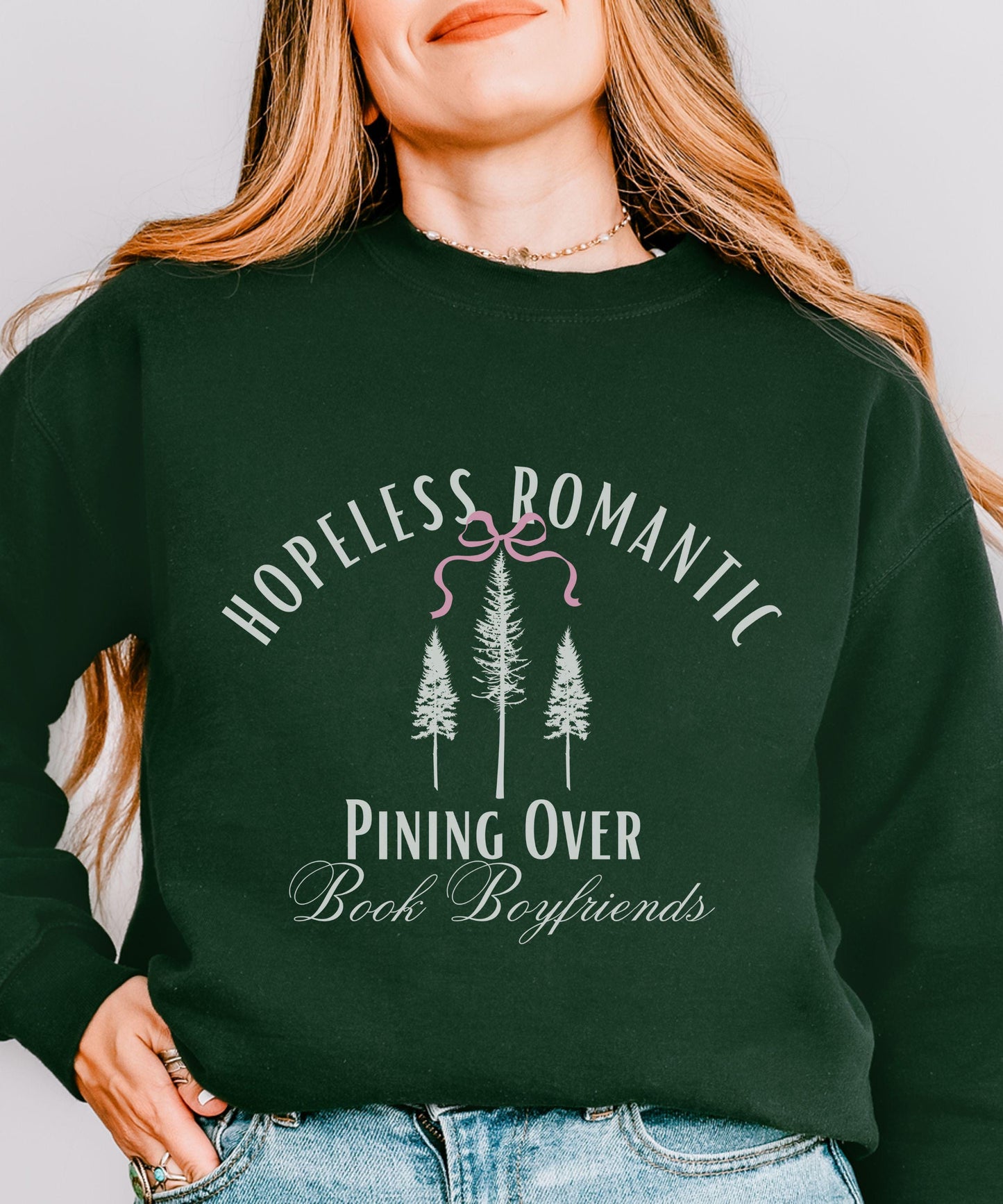 Hopeless Romantic Book Boyfriends Sweatshirt, Pine Tree Naturecore Forest Core Bookish Bow Sweatshirt Balletcore Romance Reader Sweatshirt