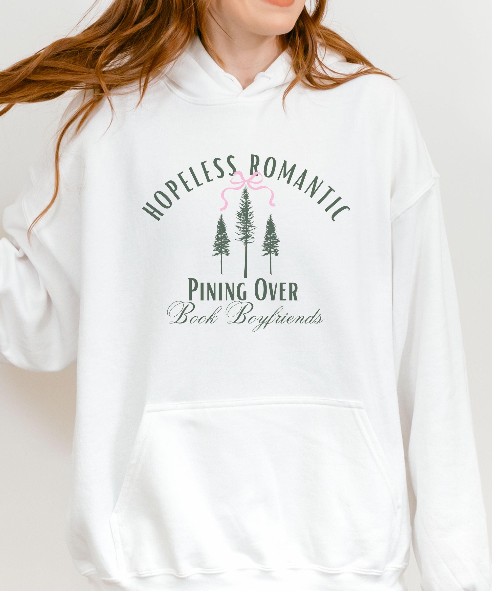 Hopeless Romantic Book Boyfriends Hoodie, Pine Tree Hoodie Naturecore ForestCore Bookish Bow Sweatshirt Balletcore Romance Reader Sweatshirt