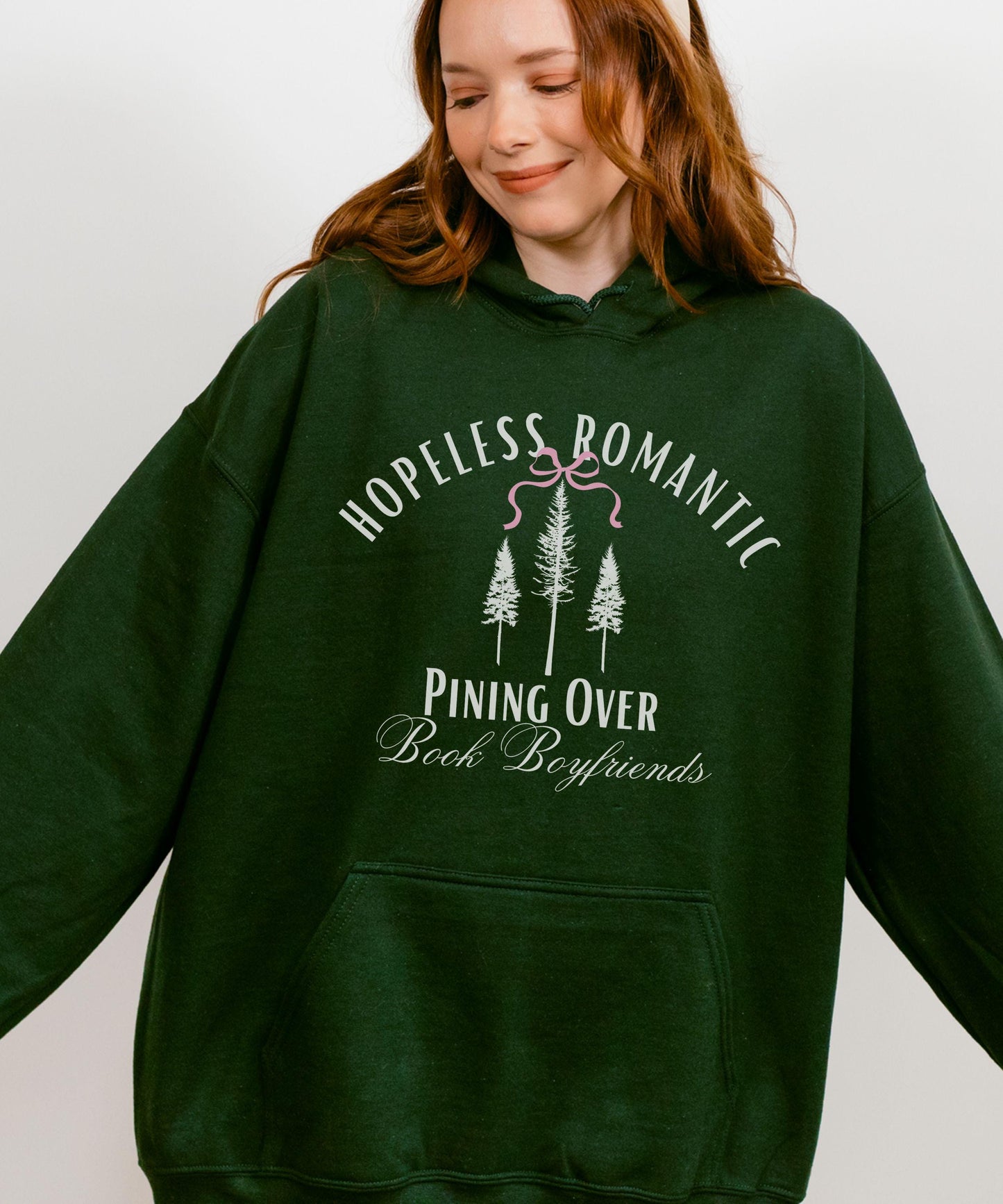 Hopeless Romantic Book Boyfriends Hoodie, Pine Tree Hoodie Naturecore ForestCore Bookish Bow Sweatshirt Balletcore Romance Reader Sweatshirt