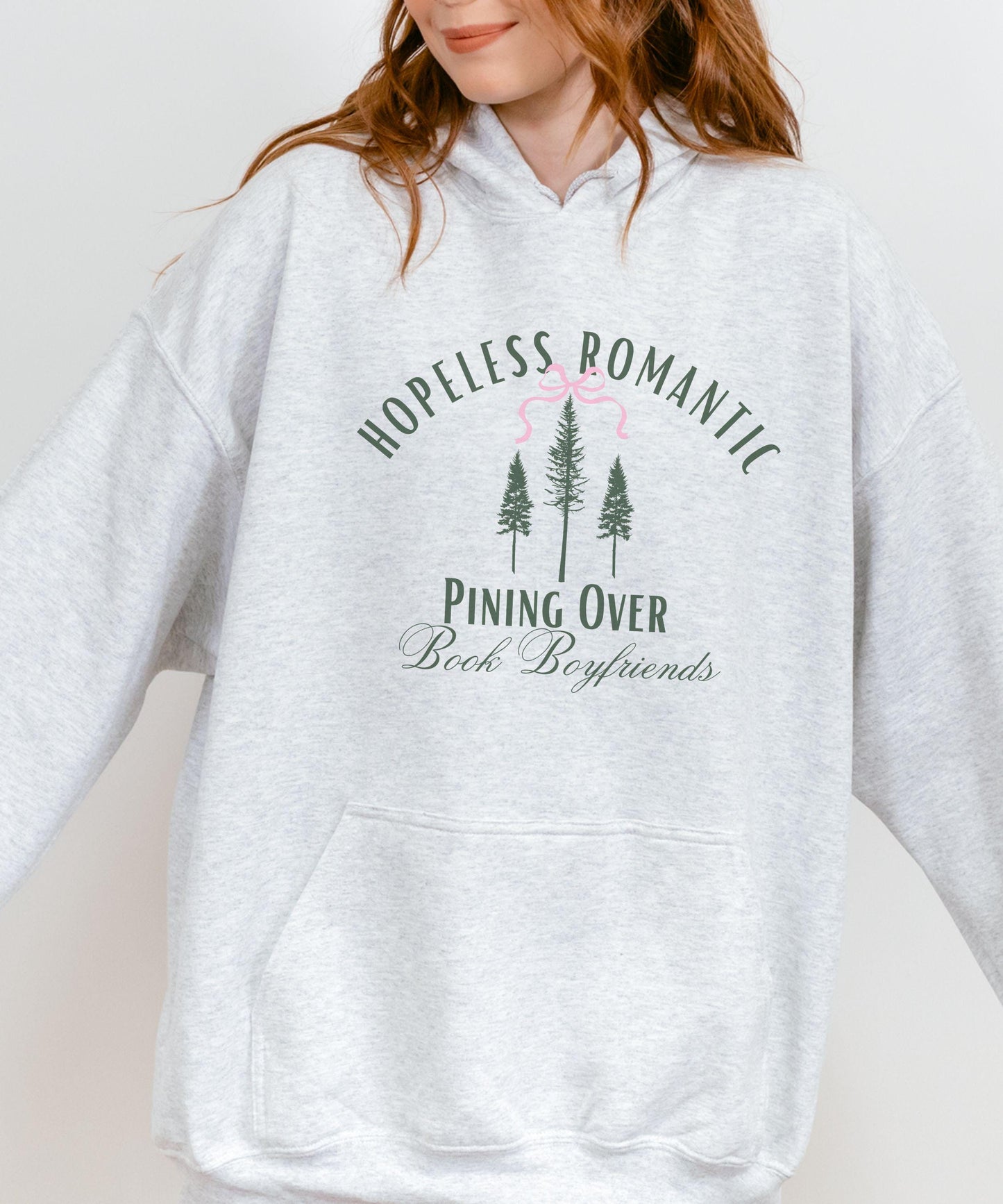 Hopeless Romantic Book Boyfriends Hoodie, Pine Tree Hoodie Naturecore ForestCore Bookish Bow Sweatshirt Balletcore Romance Reader Sweatshirt