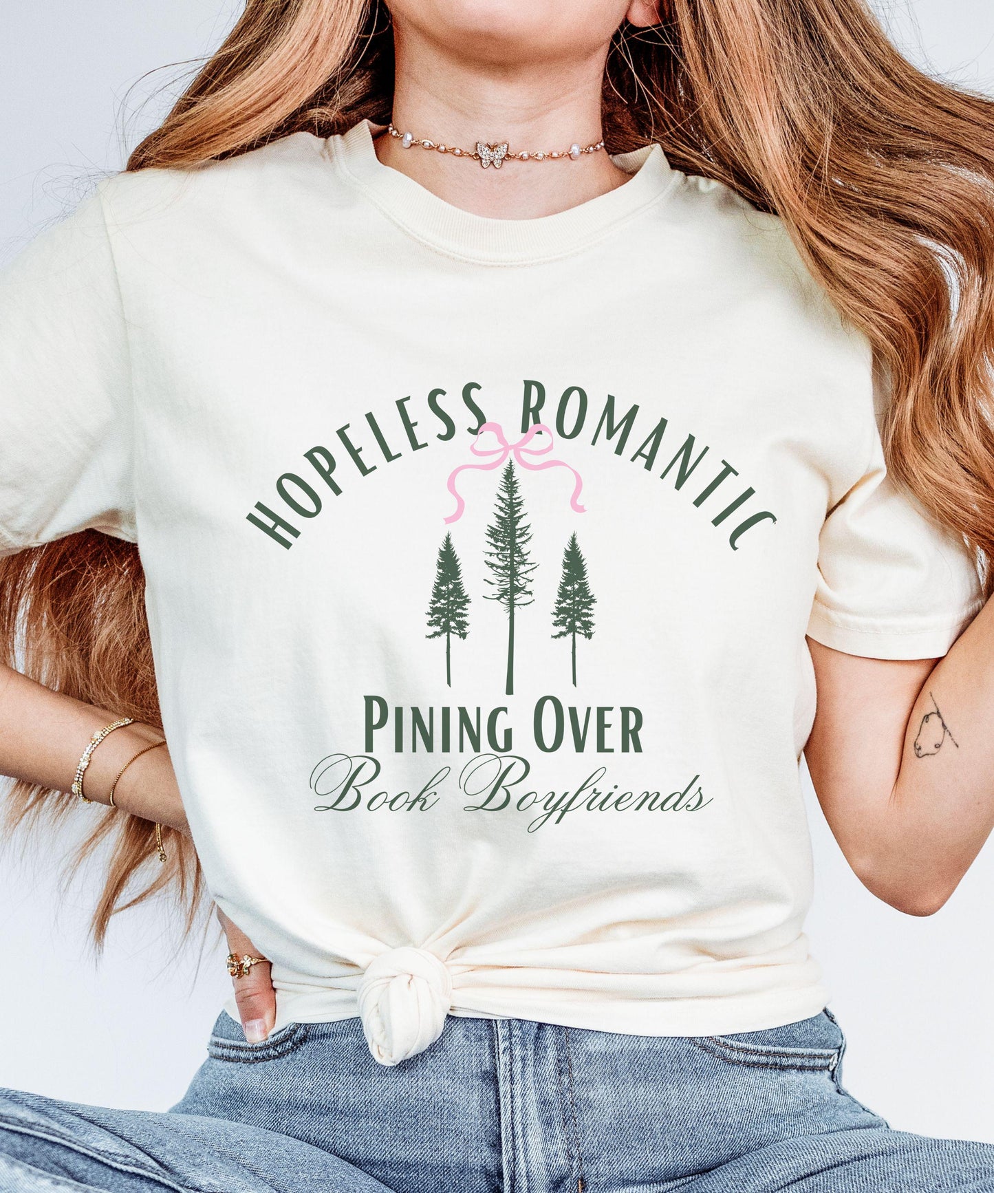 Hopeless Romantic Shirt, Book Boyfriends Shirt Pine Tree Naturecore ForestCore Bookish Bow Tshirt Balletcore Romantasy Romance Reader Shirt