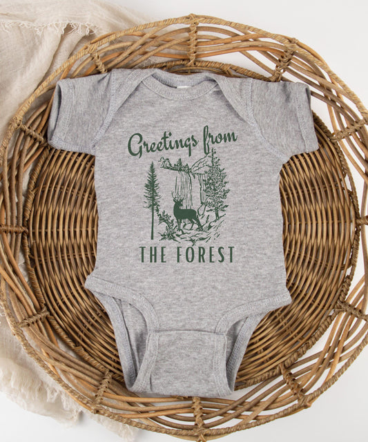 Greetings From The Forest Baby Bodysuit, Forest Core Baby Clothes Naturecore Baby Nature Lover Baby Gift Granola Girl Forest Animal Shirt