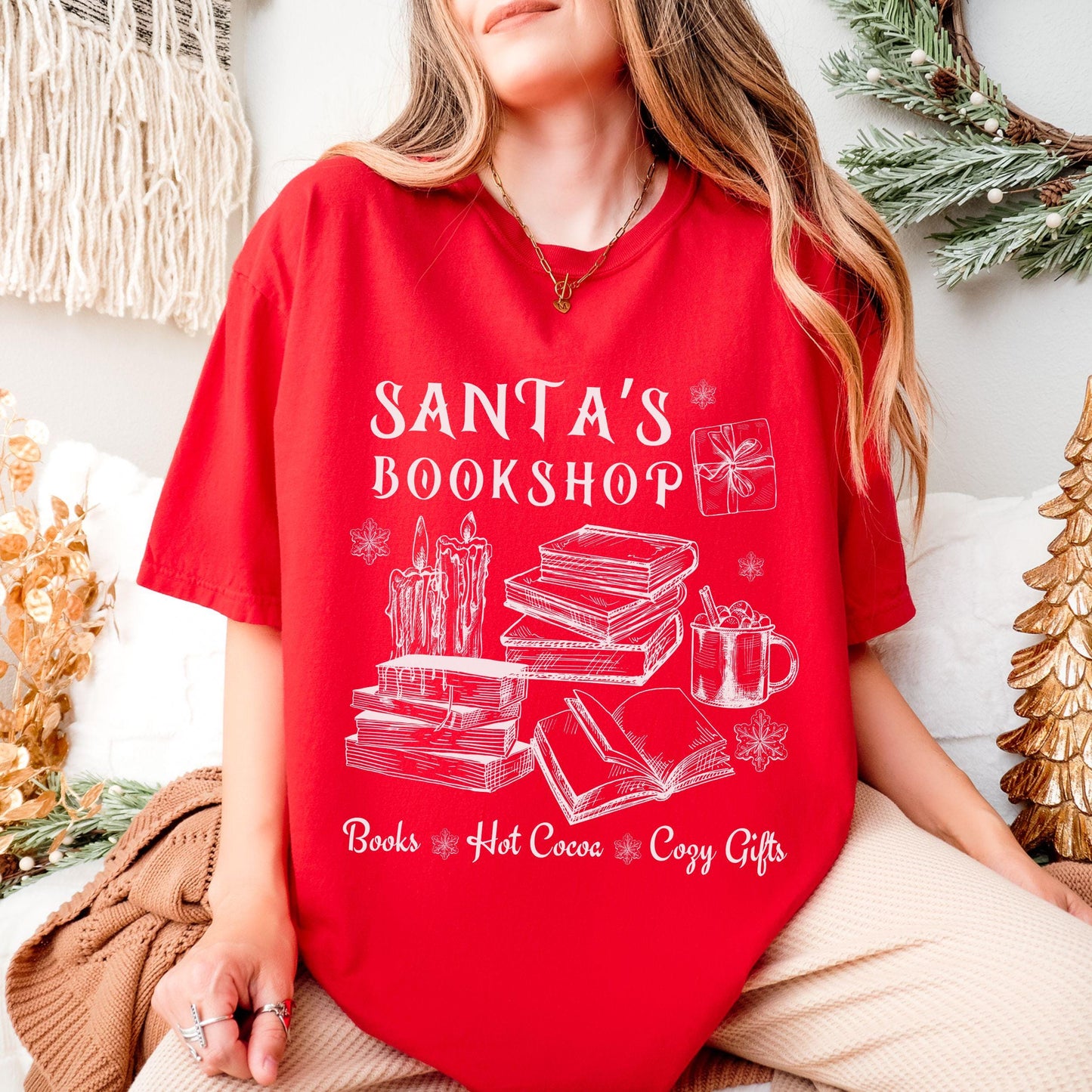 Santa's Bookshop Bookish Christmas Shirt, Bookcore Christmas Tshirt Santa Shirts for Book Lovers Booktok Cozy Christmas Romance Reader Shirt